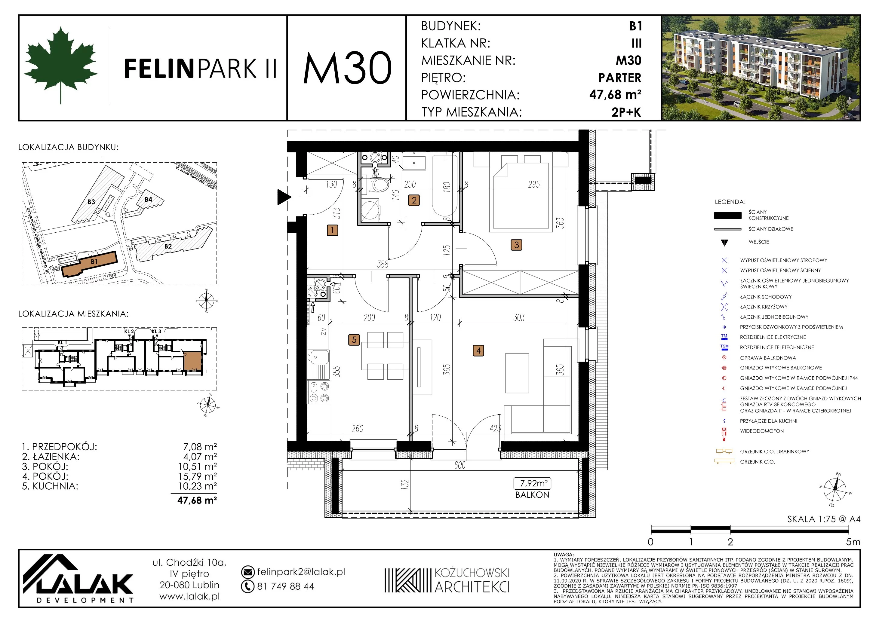 Mieszkanie 47,68 m², parter, oferta nr B1_M30/P, Felin Park II, Lublin, Felin, ul. gen. Stanisława Skalskiego 8-10
