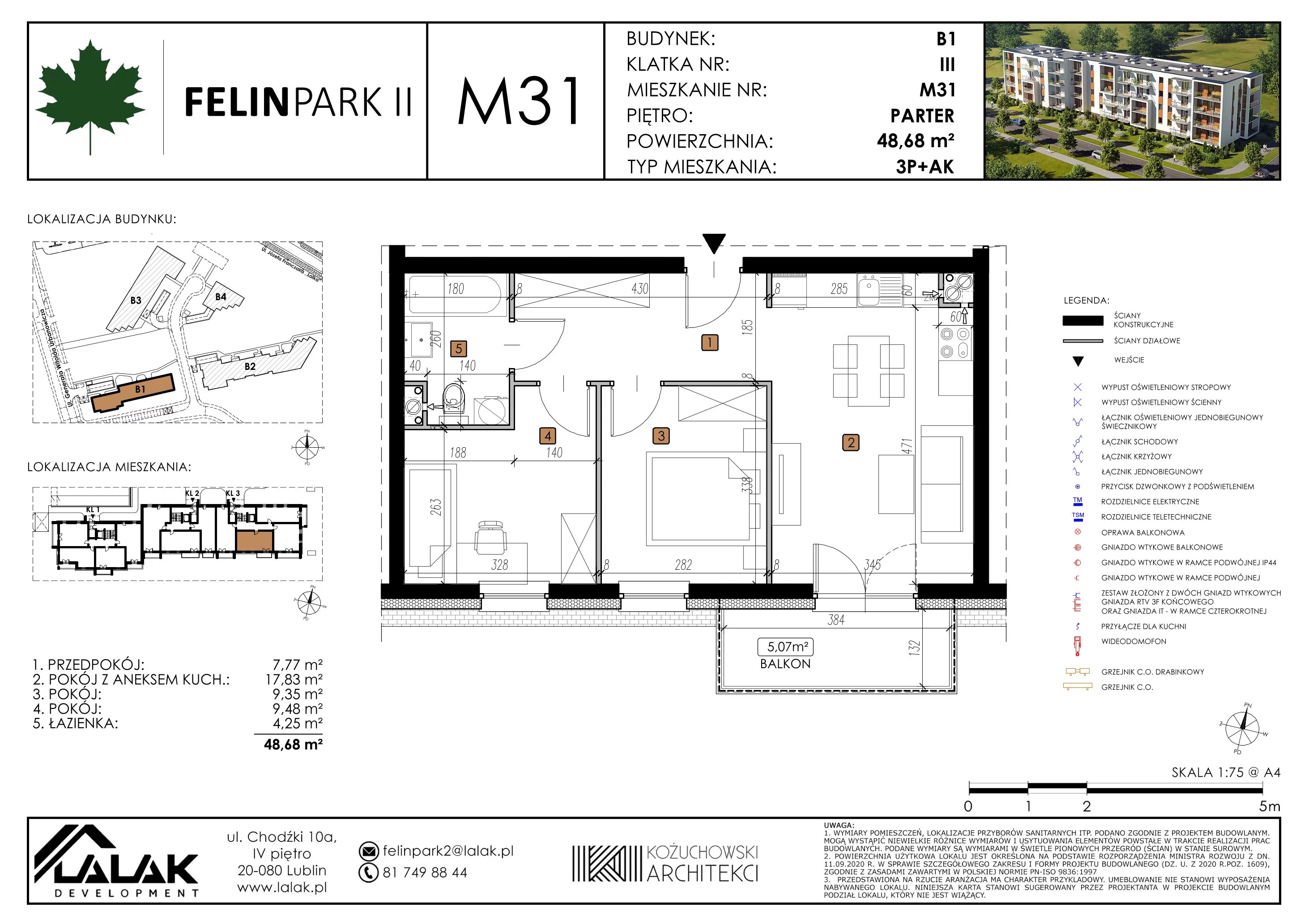 Mieszkanie 48,55 m², parter, oferta nr B1_M31/P, Felin Park II, Lublin, Felin, ul. gen. Stanisława Skalskiego 8-10
