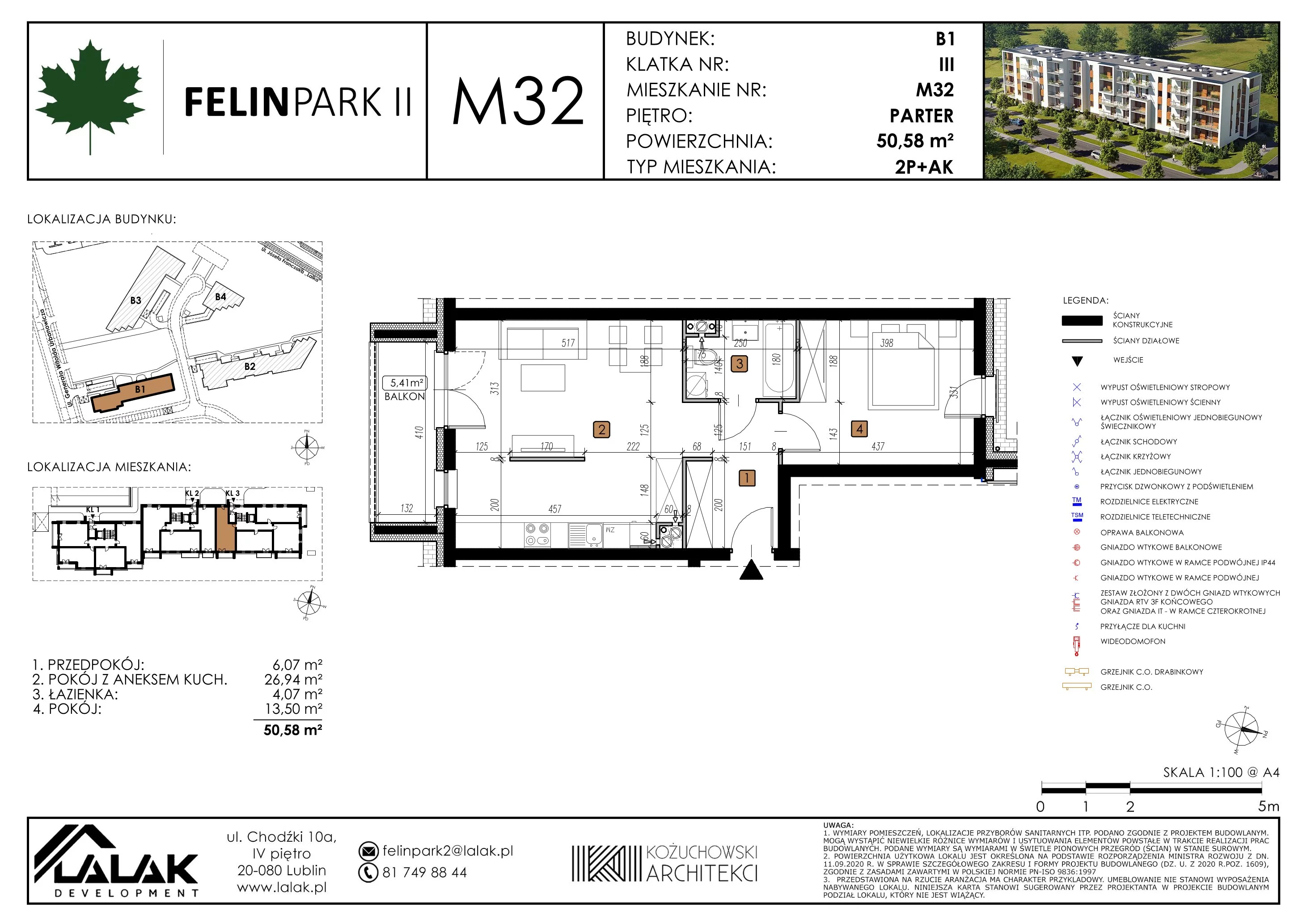 Mieszkanie 50,58 m², parter, oferta nr B1_M32/P, Felin Park II, Lublin, Felin, ul. gen. Stanisława Skalskiego 8-10