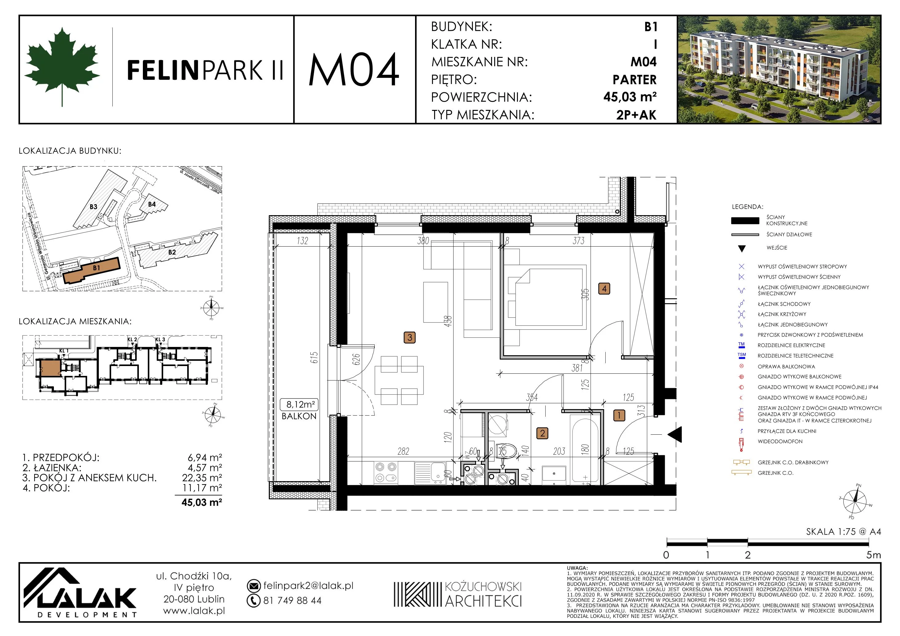 Mieszkanie 45,03 m², parter, oferta nr B1_M4/P, Felin Park II, Lublin, Felin, ul. gen. Stanisława Skalskiego 8-10