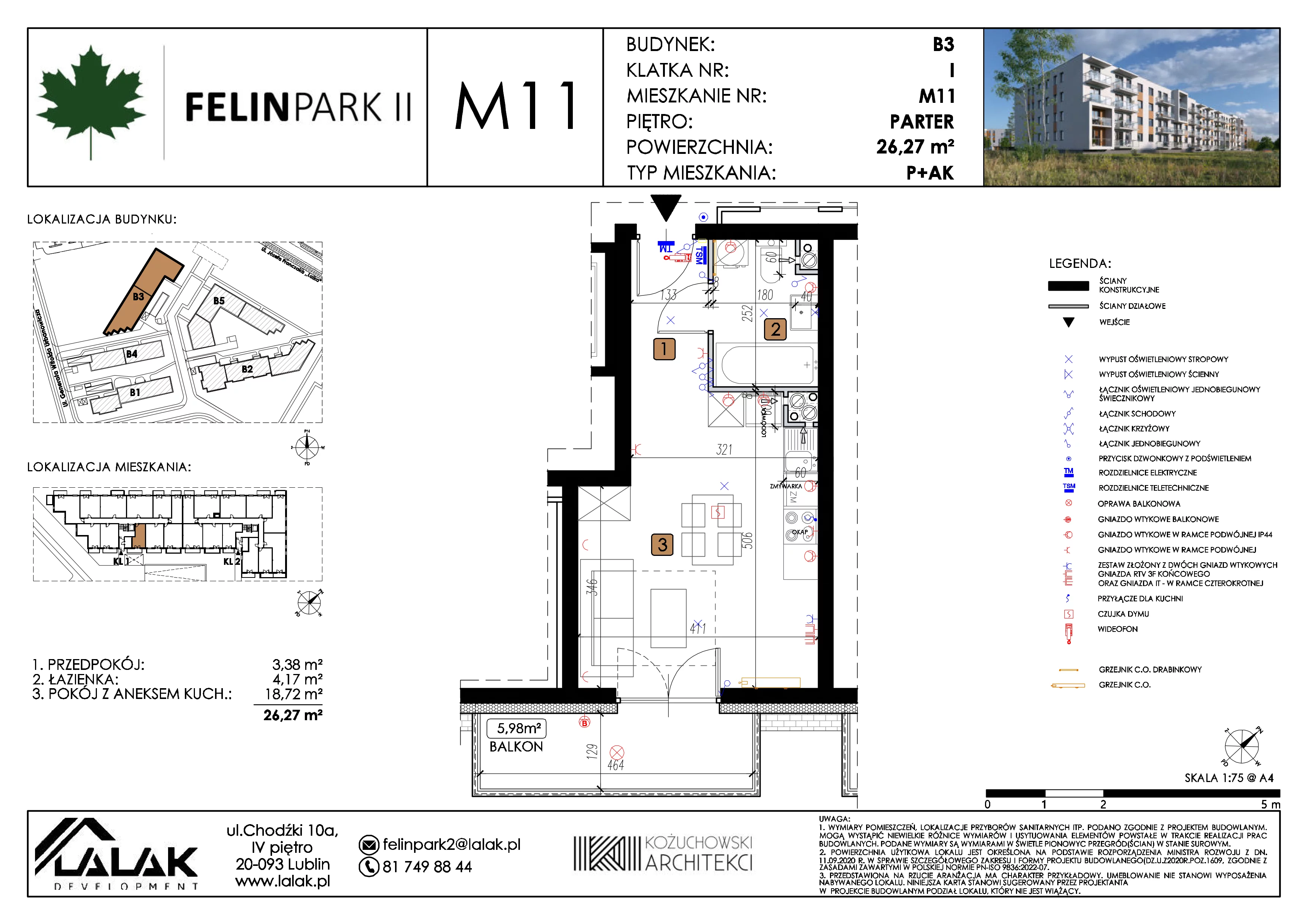 1 pokój, mieszkanie 25,34 m², parter, oferta nr B3_M11/P, Felin Park II etap 2, Lublin, Felin, ul. gen. Stanisława Skalskiego 8-10