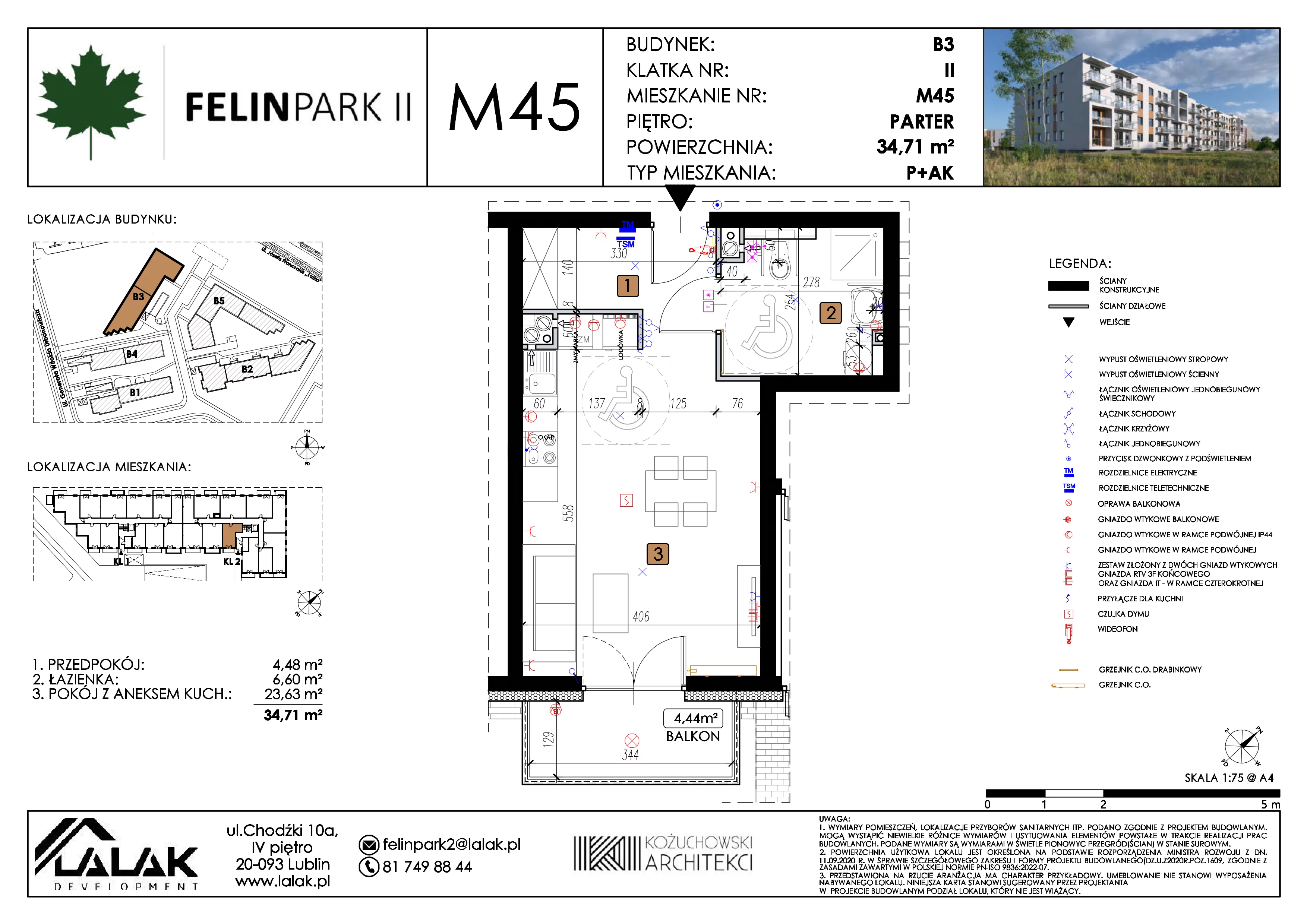 1 pokój, mieszkanie 34,71 m², parter, oferta nr B3_M45/P, Felin Park II etap 2, Lublin, Felin, ul. gen. Stanisława Skalskiego 8-10