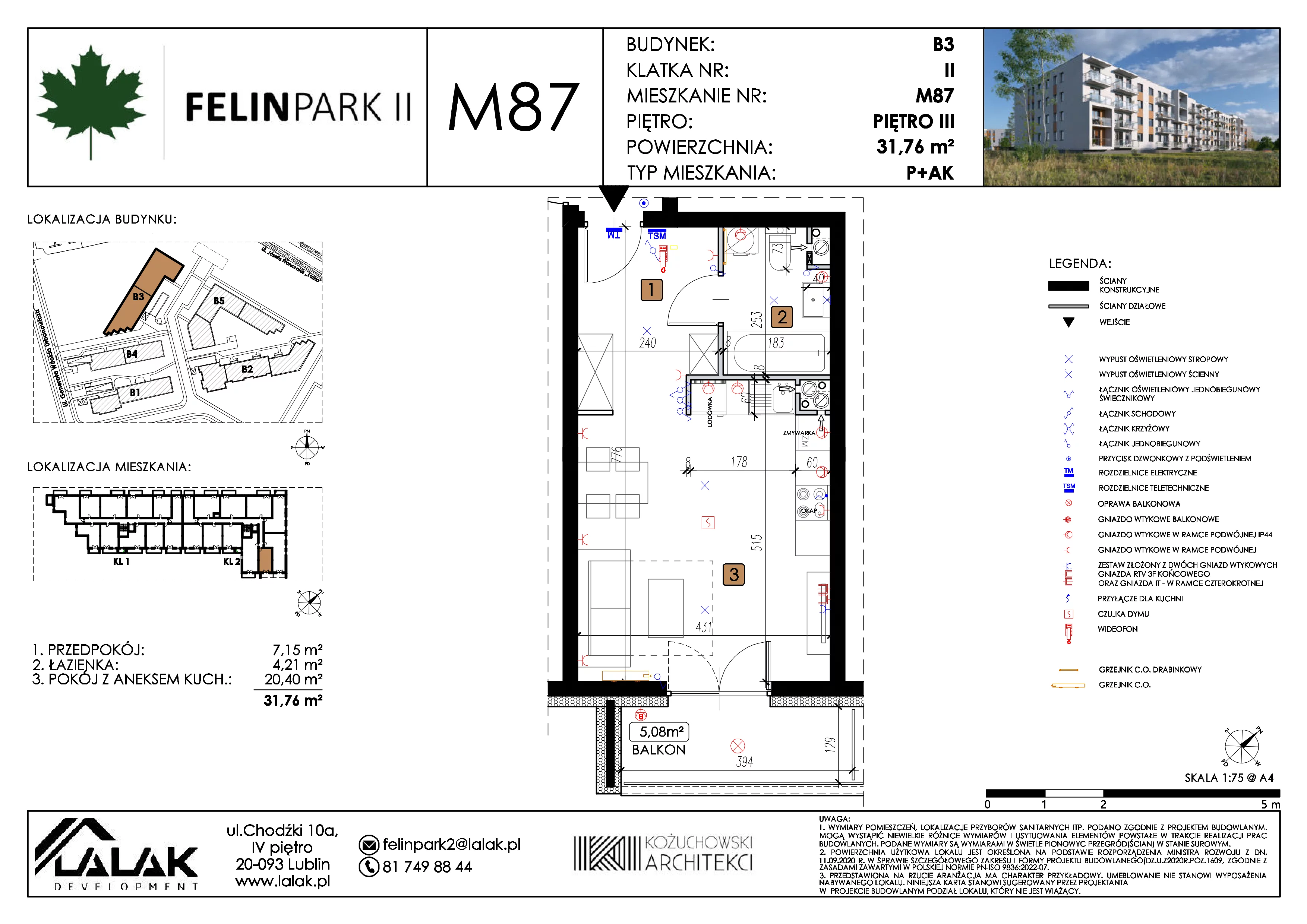 1 pokój, mieszkanie 31,81 m², piętro 3, oferta nr B3_M87/III, Felin Park II etap 2, Lublin, Felin, ul. gen. Stanisława Skalskiego 8-10