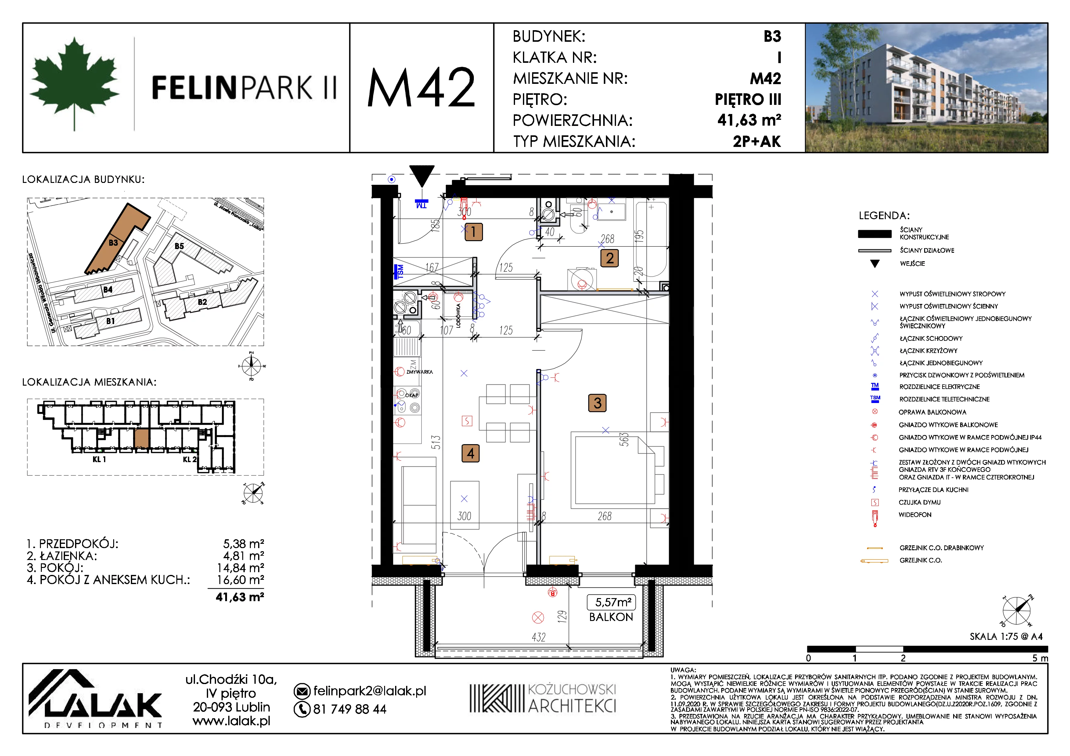 2 pokoje, mieszkanie 41,63 m², piętro 3, oferta nr B3_M42/III, Felin Park II etap 2, Lublin, Felin, ul. gen. Stanisława Skalskiego 8-10