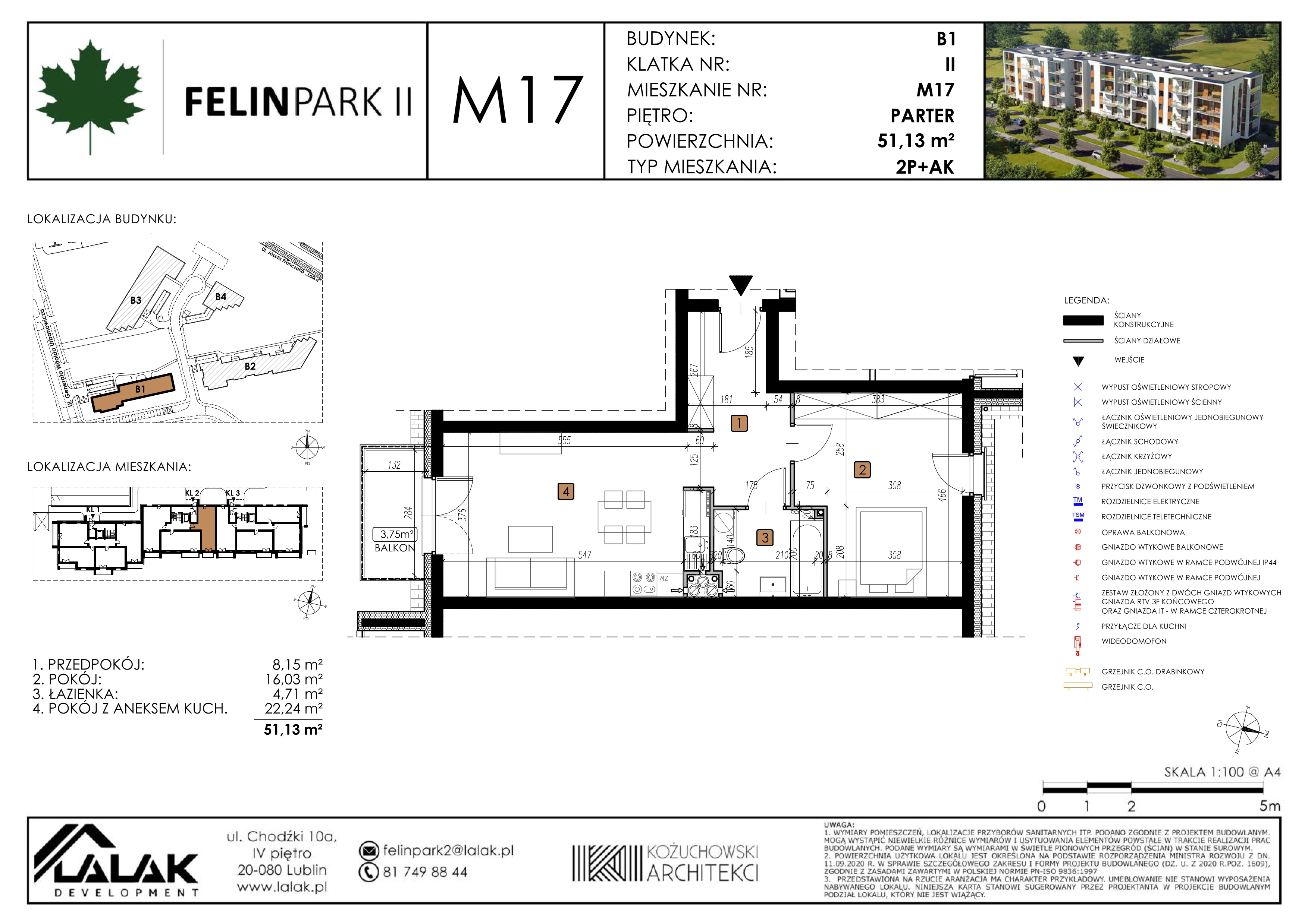 2 pokoje, mieszkanie 51,13 m², parter, oferta nr B1-M17, Felin Park II, Lublin, Felin, ul. gen. Stanisława Skalskiego 8-10