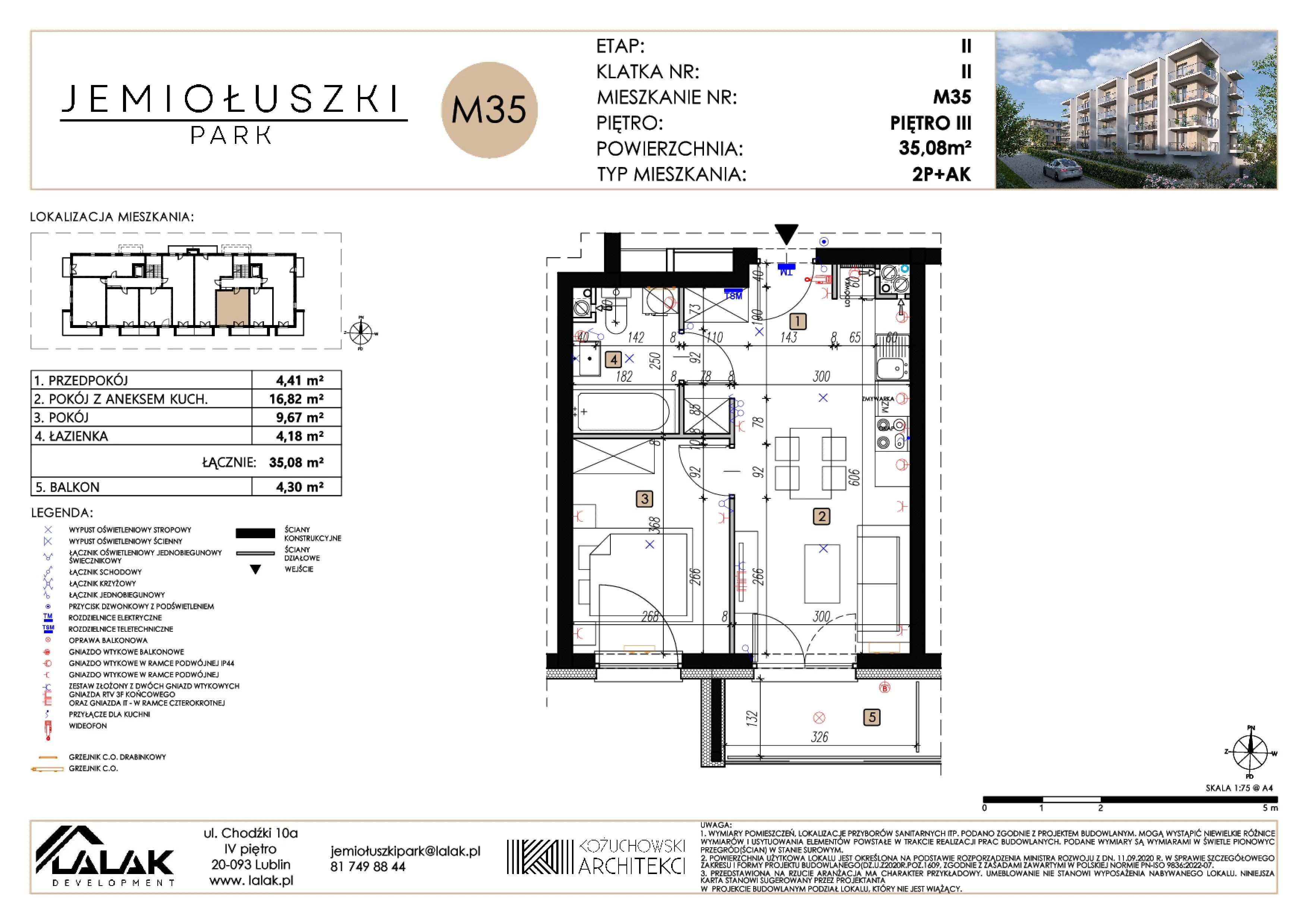 2 pokoje, mieszkanie 35,08 m², piętro 3, oferta nr A2_M35/P, Jemiołuszki Park II, Lublin, Węglin Południowy, ul. Jemiołuszki