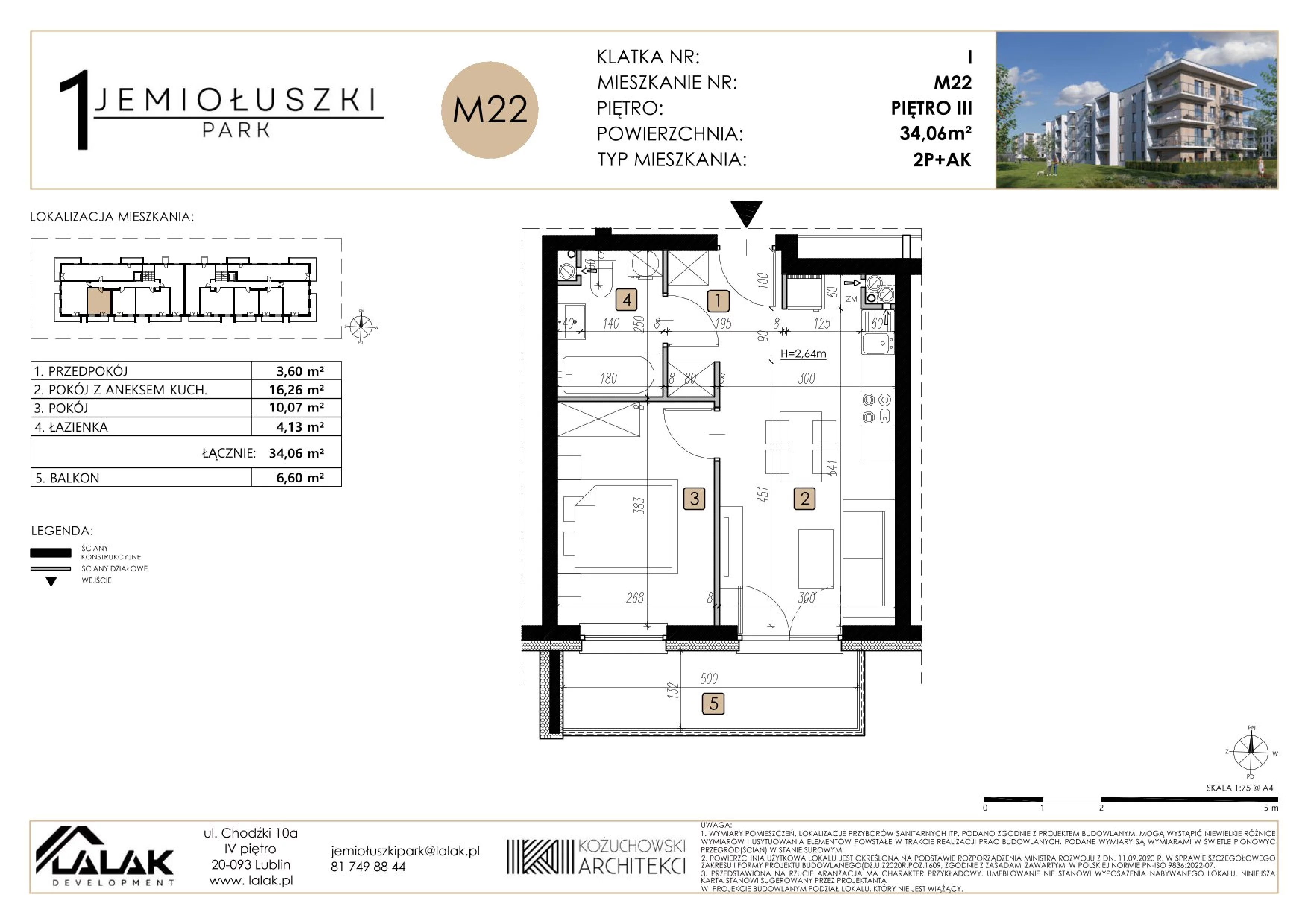 2 pokoje, mieszkanie 34,06 m², piętro 3, oferta nr M22, Jemiołuszki Park, Lublin, Węglin Południowy, ul. Jemiołuszki