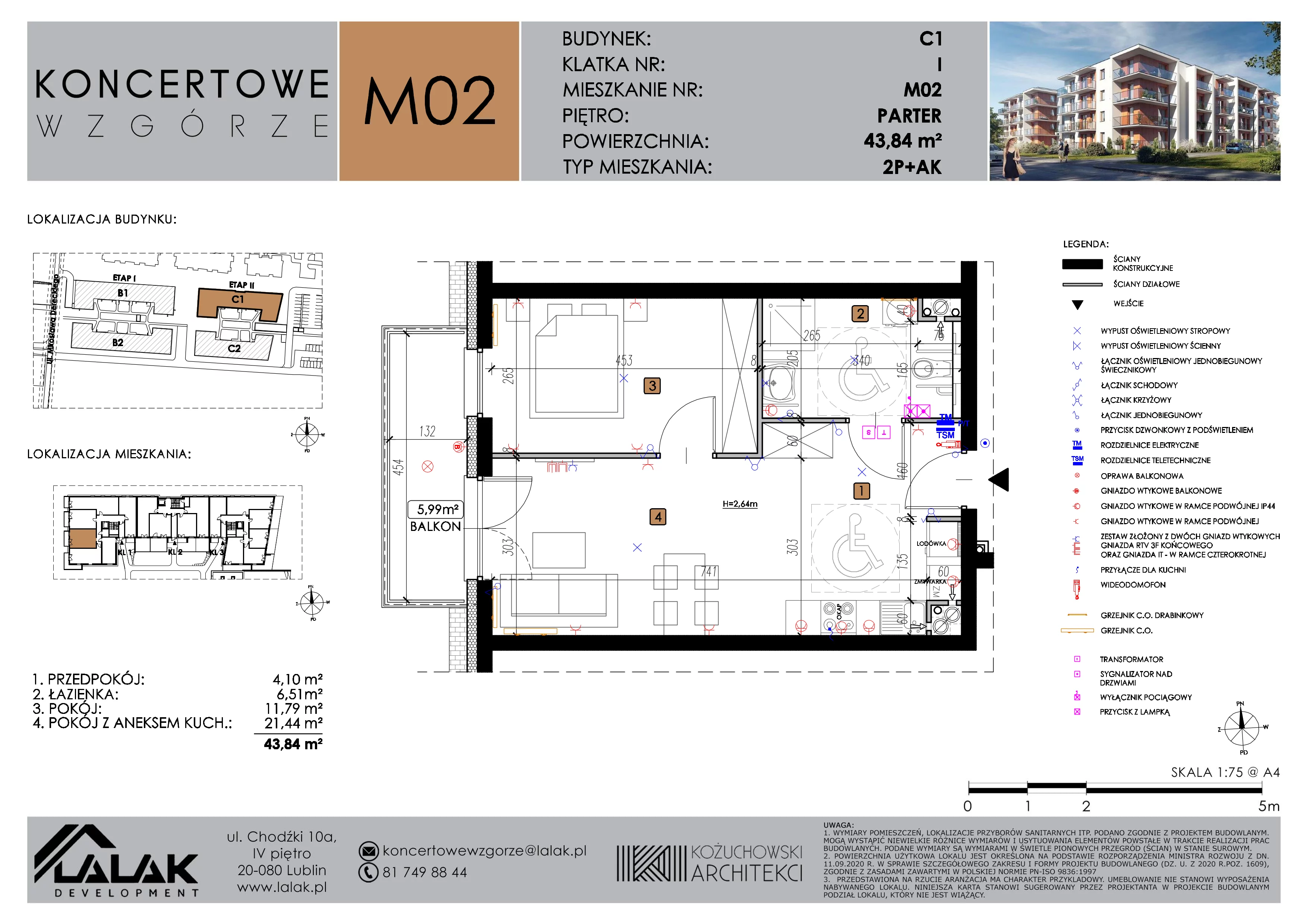 2 pokoje, mieszkanie 43,84 m², parter, oferta nr C1_M2/P, Koncertowe Wzgórze etap 2, Lublin, Czechów Północny, ul. Koncertowa