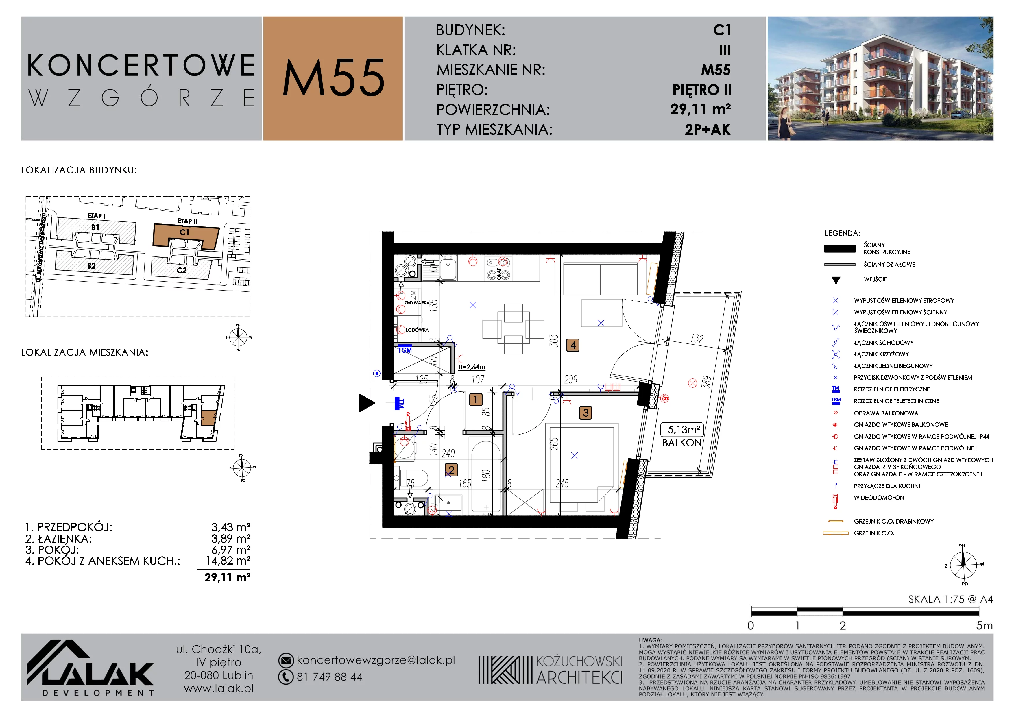 2 pokoje, mieszkanie 29,11 m², piętro 2, oferta nr C1_M55/II, Koncertowe Wzgórze etap 2, Lublin, Czechów Północny, ul. Koncertowa