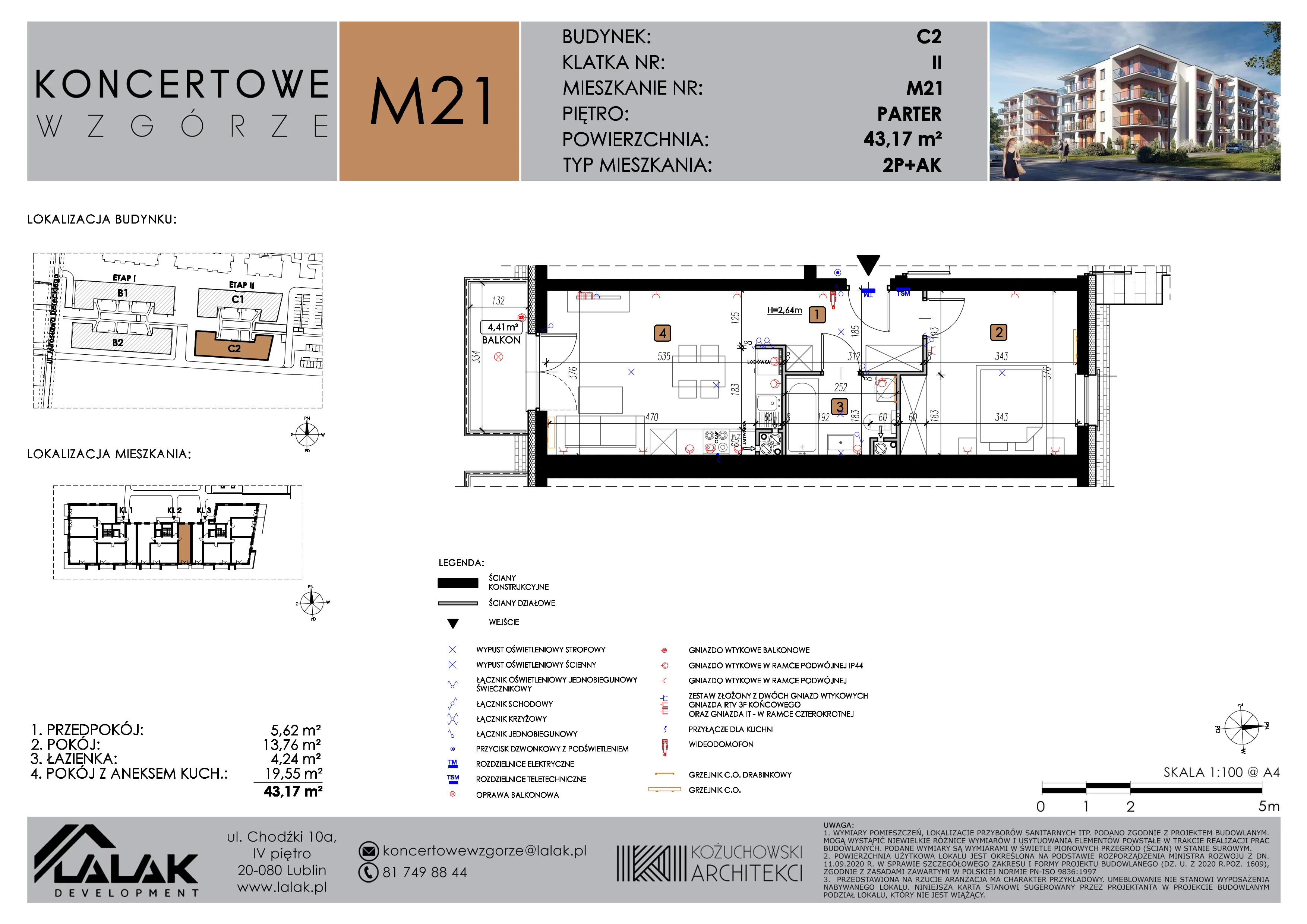 2 pokoje, mieszkanie 43,17 m², parter, oferta nr C2_M21/P, Koncertowe Wzgórze etap 2, Lublin, Czechów Północny, ul. Koncertowa