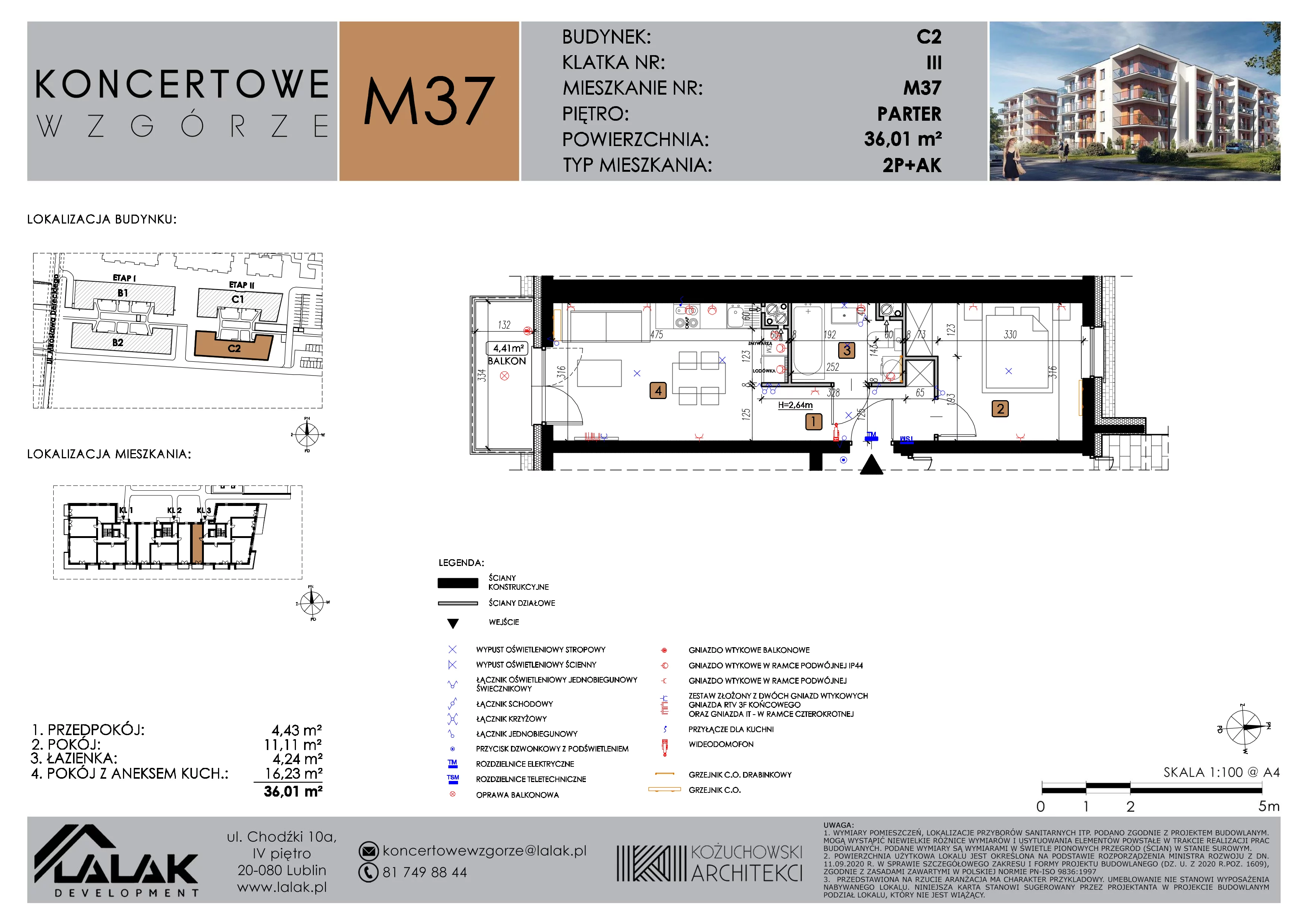 2 pokoje, mieszkanie 36,01 m², parter, oferta nr C2_M37/P, Koncertowe Wzgórze etap 2, Lublin, Czechów Północny, ul. Koncertowa