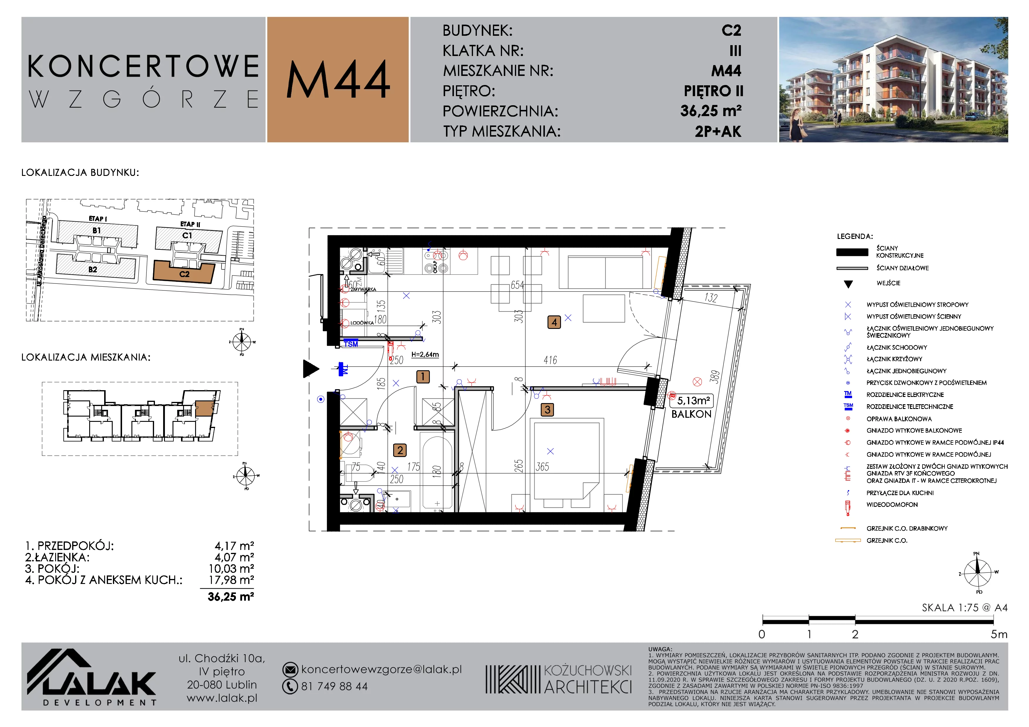 2 pokoje, mieszkanie 36,25 m², piętro 2, oferta nr C2_M44/II, Koncertowe Wzgórze etap 2, Lublin, Czechów Północny, ul. Koncertowa
