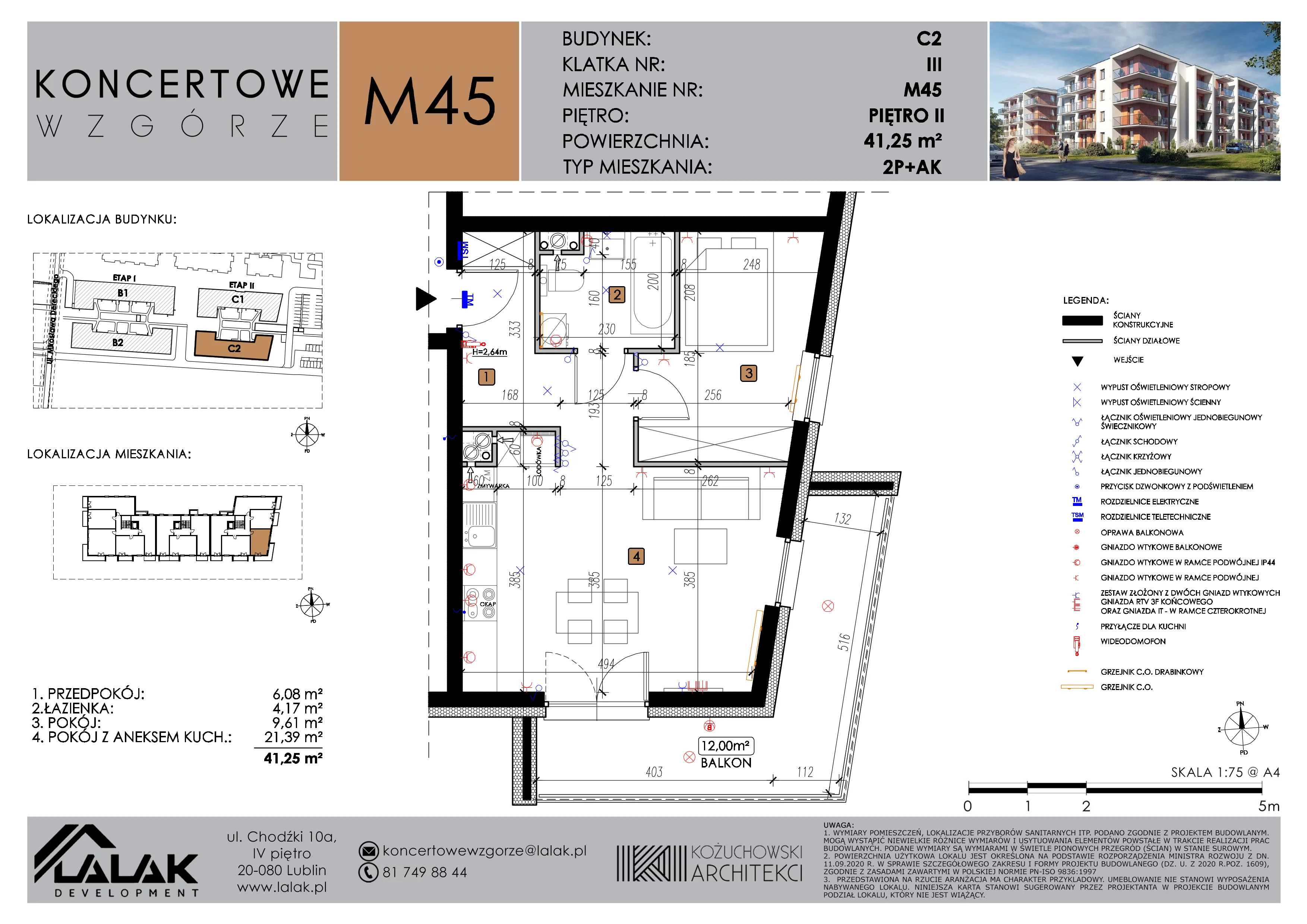 2 pokoje, mieszkanie 41,25 m², piętro 2, oferta nr C2_M45/II, Koncertowe Wzgórze etap 2, Lublin, Czechów Północny, ul. Koncertowa