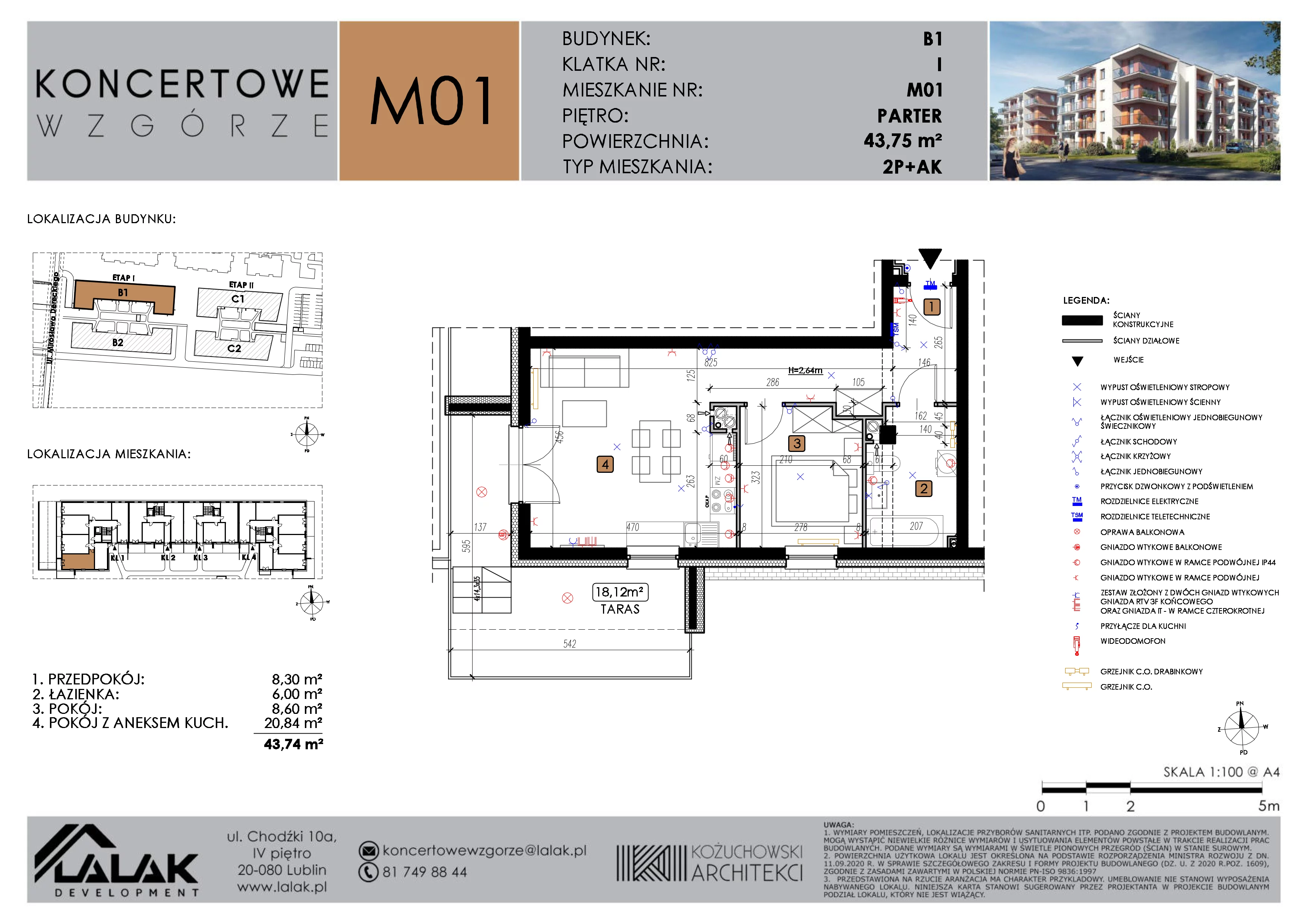 2 pokoje, mieszkanie 43,57 m², parter, oferta nr B1-M01, Koncertowe Wzgórze, Lublin, Czechów Północny, ul. Koncertowa