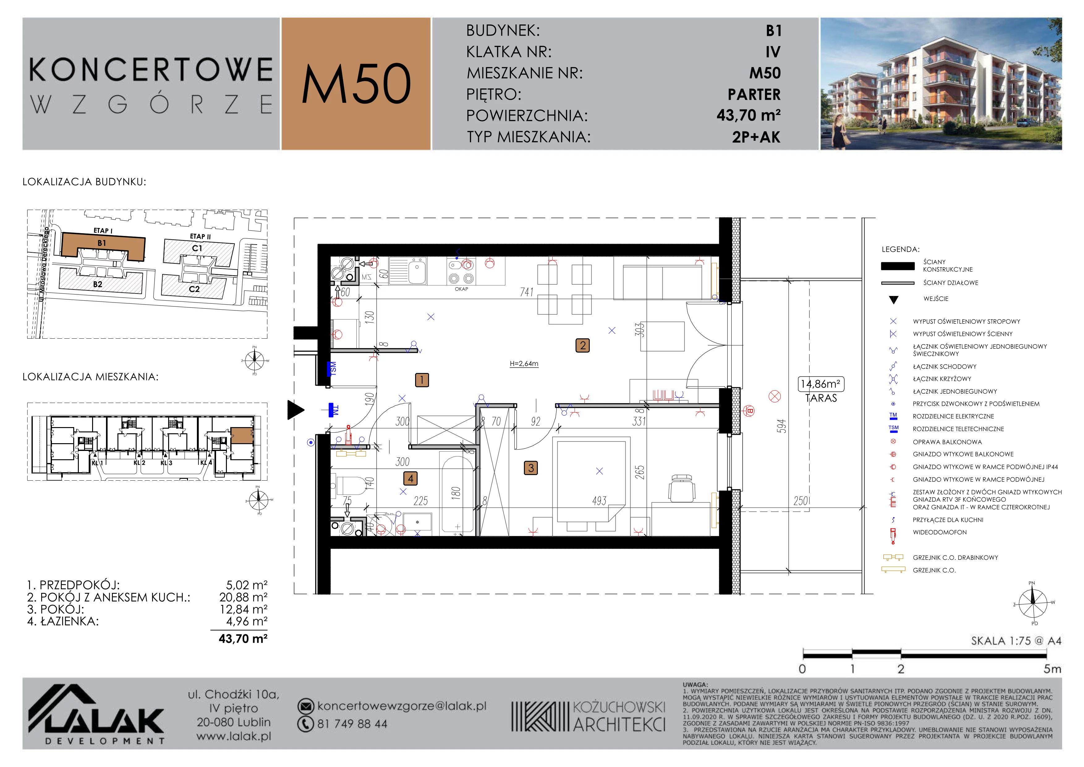 2 pokoje, mieszkanie 43,70 m², parter, oferta nr B1-M50, Koncertowe Wzgórze, Lublin, Czechów Północny, ul. Koncertowa