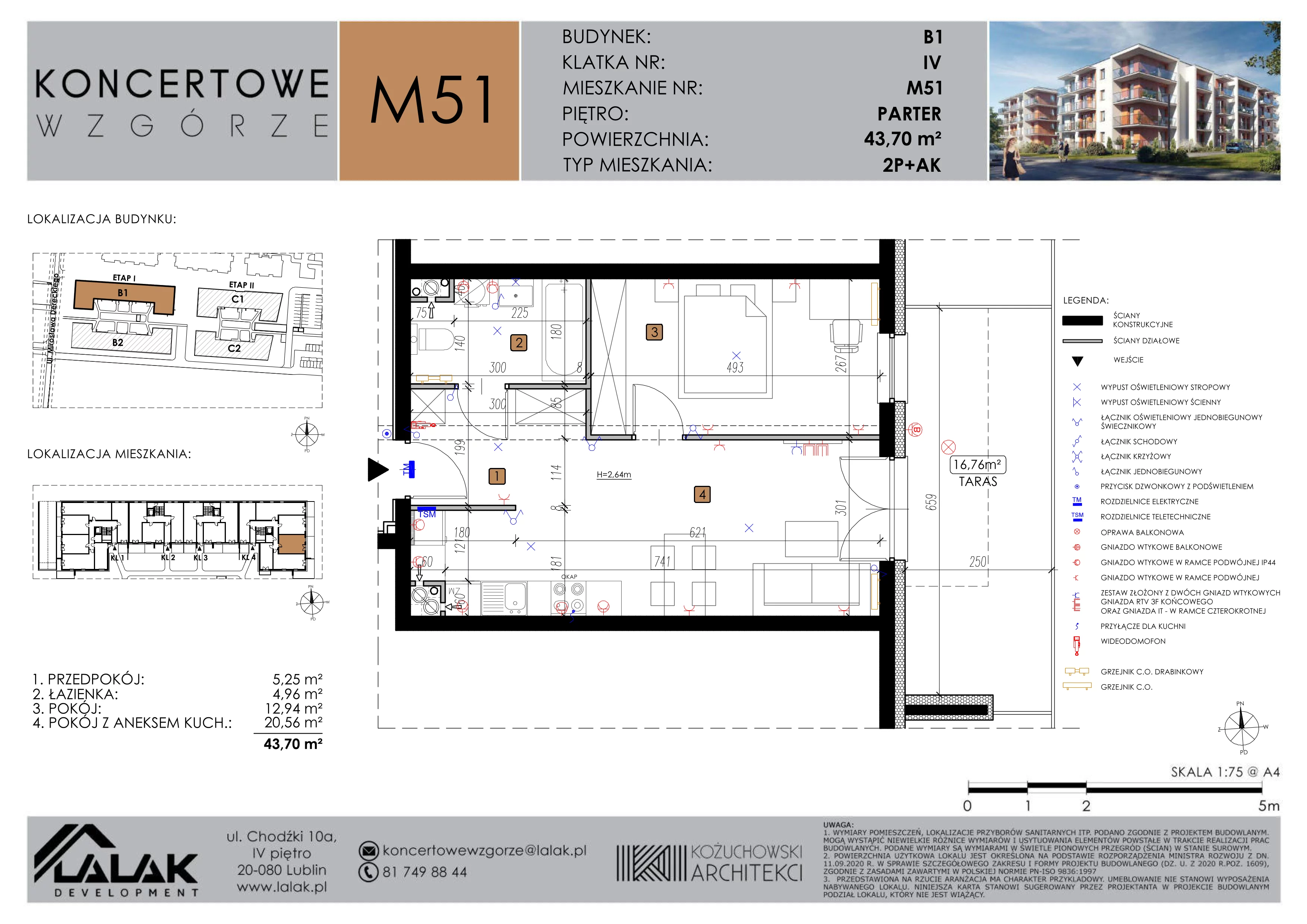 2 pokoje, mieszkanie 43,61 m², parter, oferta nr B1-M51, Koncertowe Wzgórze, Lublin, Czechów Północny, ul. Koncertowa