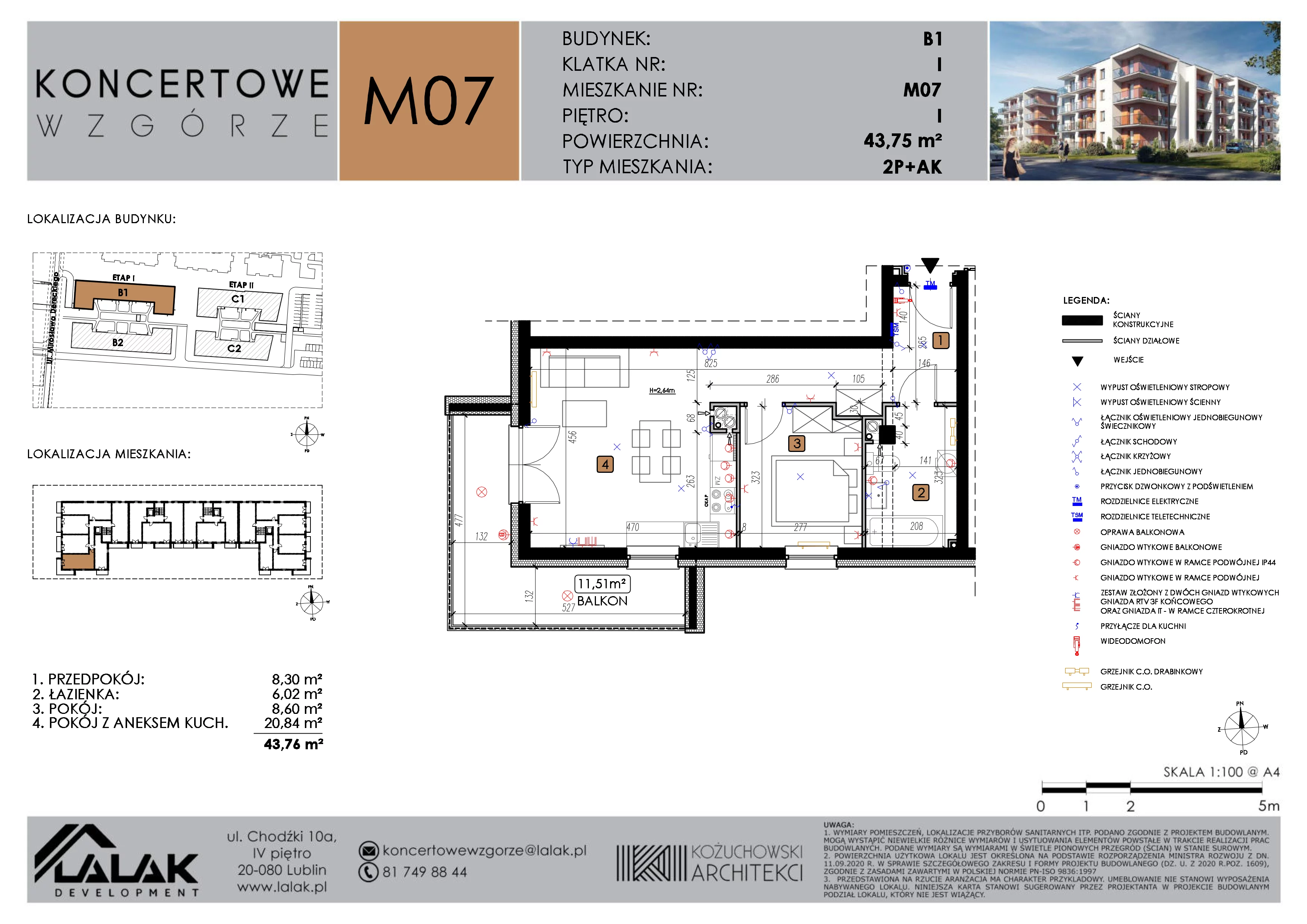 2 pokoje, mieszkanie 43,75 m², piętro 1, oferta nr B1-M07, Koncertowe Wzgórze, Lublin, Czechów Północny, ul. Koncertowa