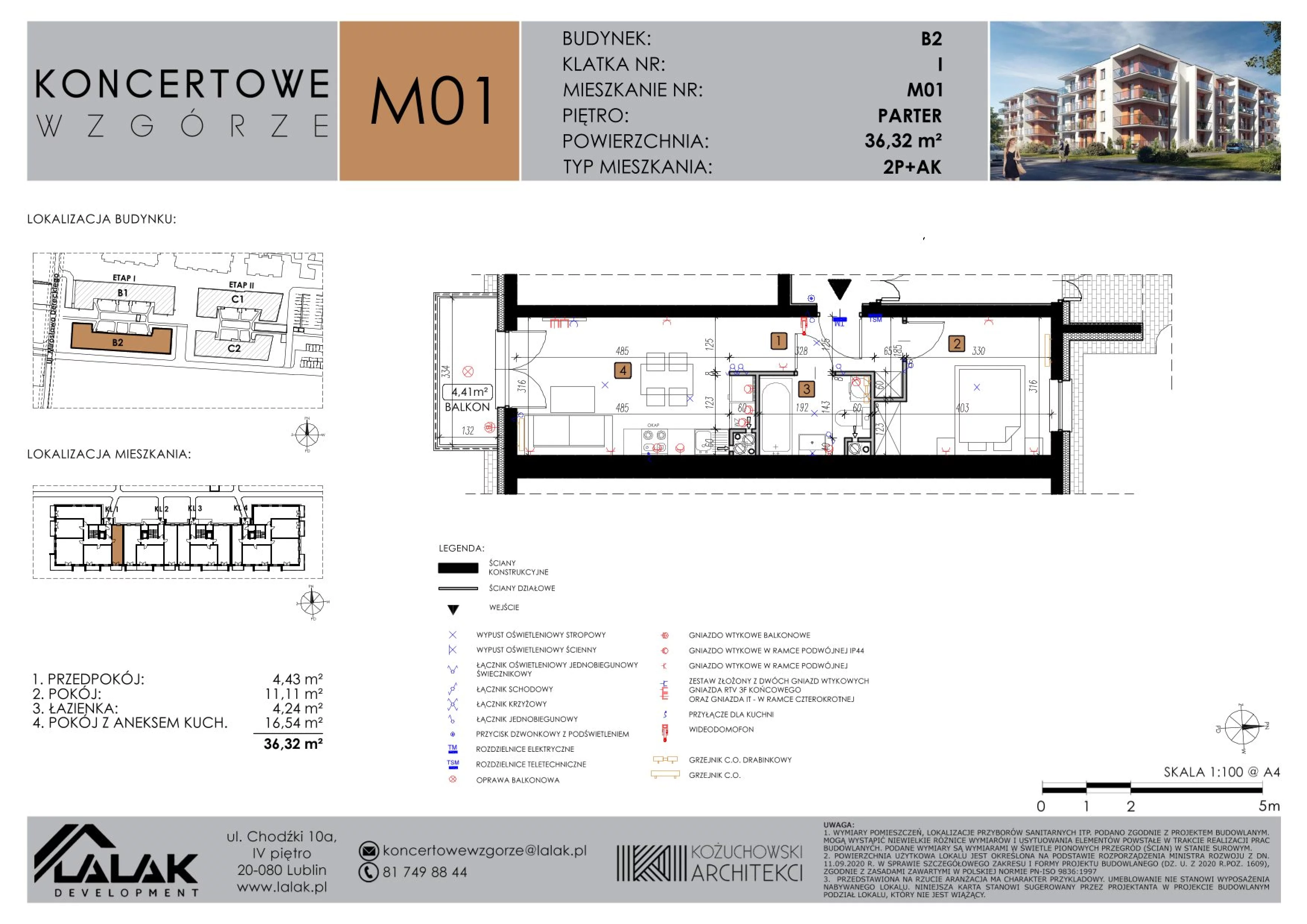 2 pokoje, mieszkanie 36,32 m², parter, oferta nr B2-M01, Koncertowe Wzgórze, Lublin, Czechów Północny, ul. Koncertowa