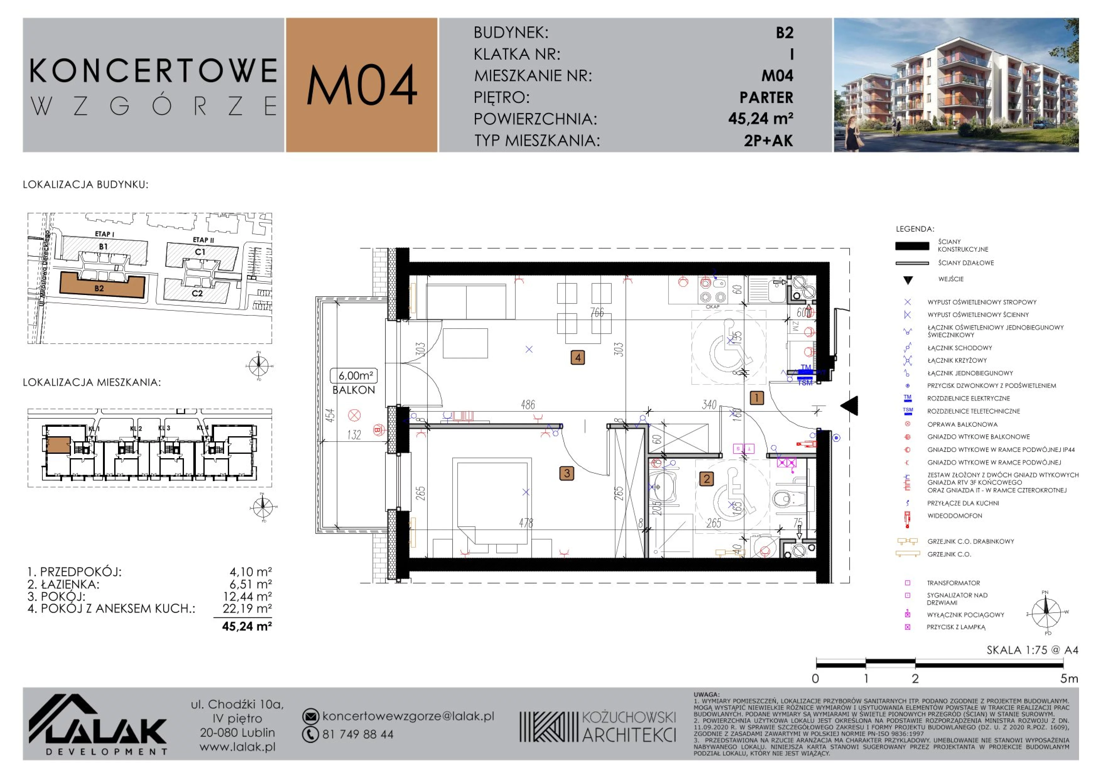 2 pokoje, mieszkanie 45,27 m², parter, oferta nr B2-M04, Koncertowe Wzgórze, Lublin, Czechów Północny, ul. Koncertowa
