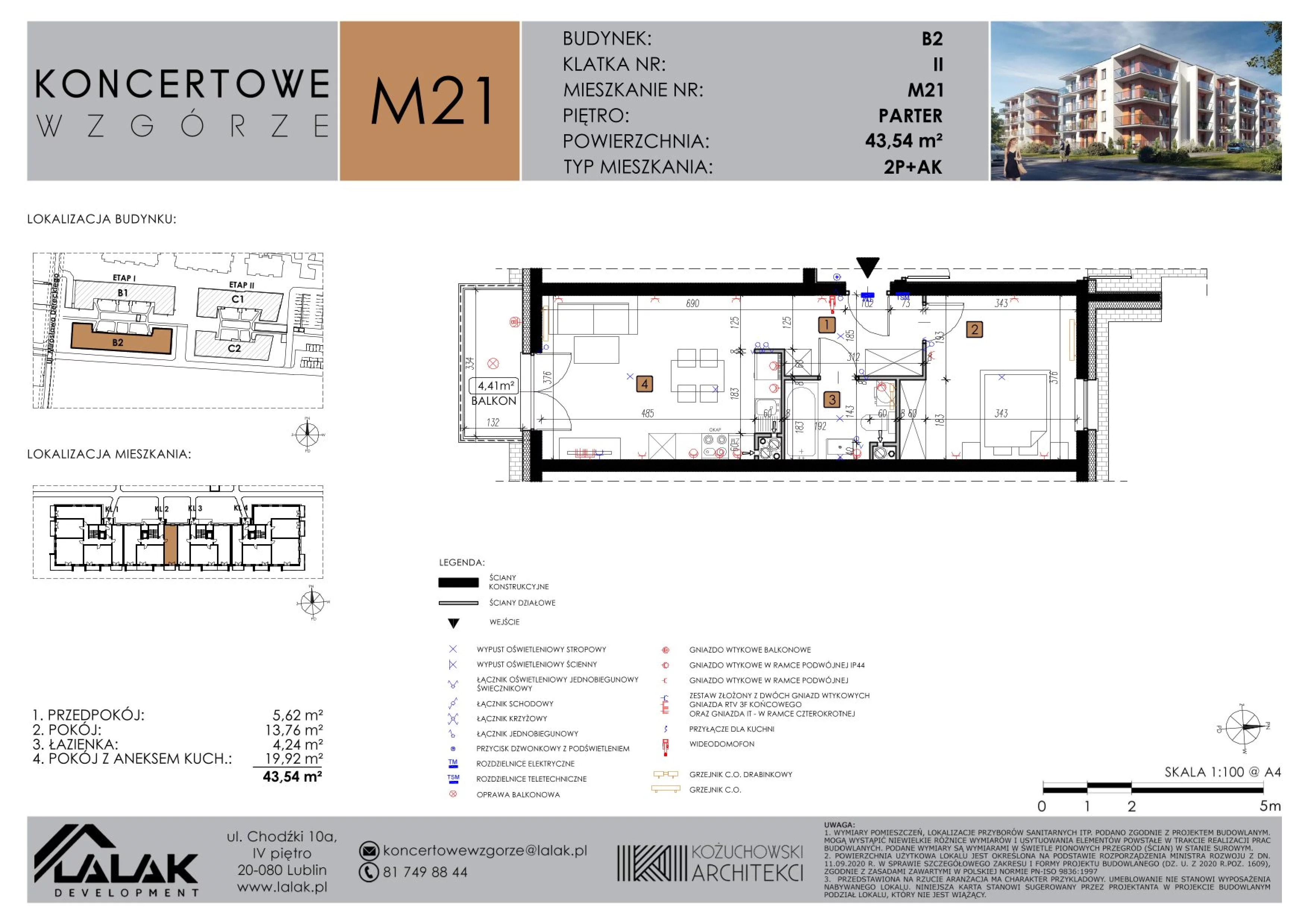 2 pokoje, mieszkanie 43,54 m², parter, oferta nr B2-M21, Koncertowe Wzgórze, Lublin, Czechów Północny, ul. Koncertowa