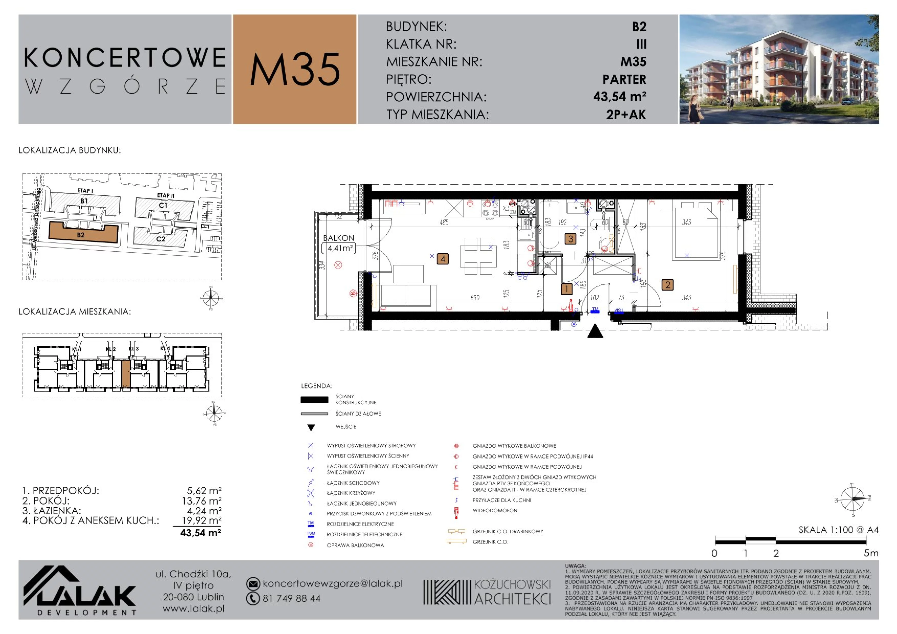 2 pokoje, mieszkanie 43,54 m², parter, oferta nr B2-M35, Koncertowe Wzgórze, Lublin, Czechów Północny, ul. Koncertowa