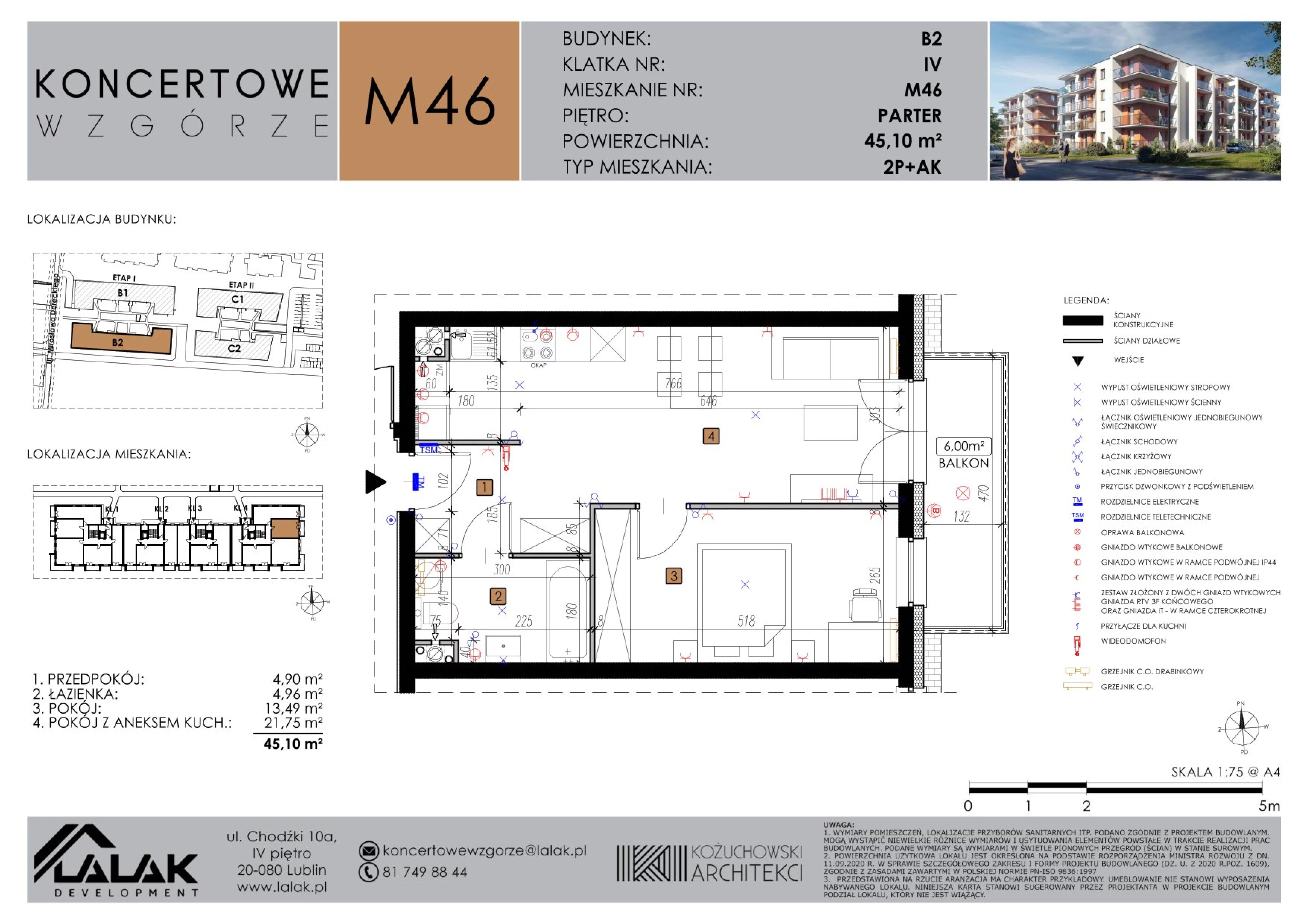 2 pokoje, mieszkanie 45,10 m², parter, oferta nr B2-M46, Koncertowe Wzgórze, Lublin, Czechów Północny, ul. Koncertowa