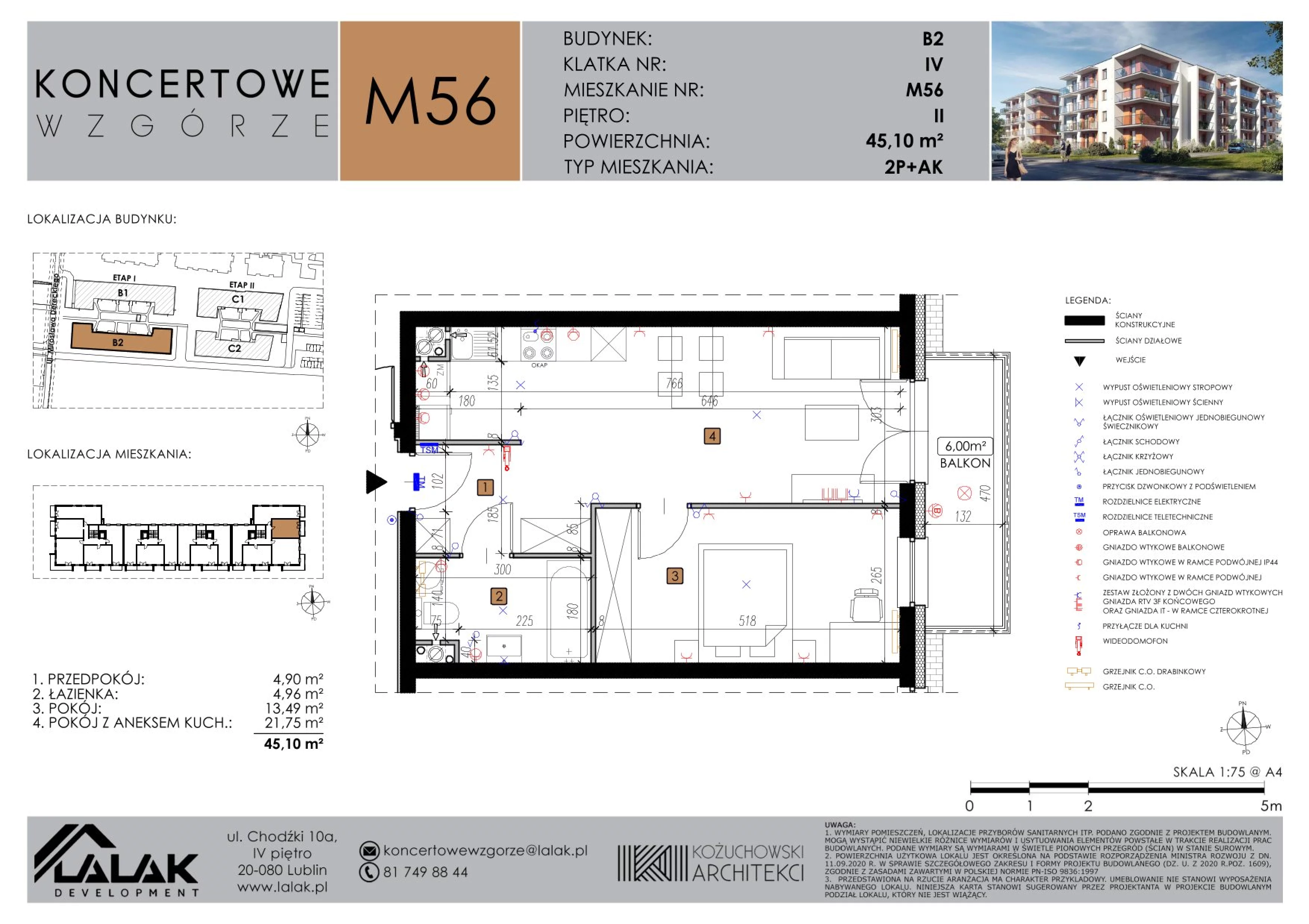 2 pokoje, mieszkanie 45,10 m², piętro 2, oferta nr B2-M56, Koncertowe Wzgórze, Lublin, Czechów Północny, ul. Koncertowa