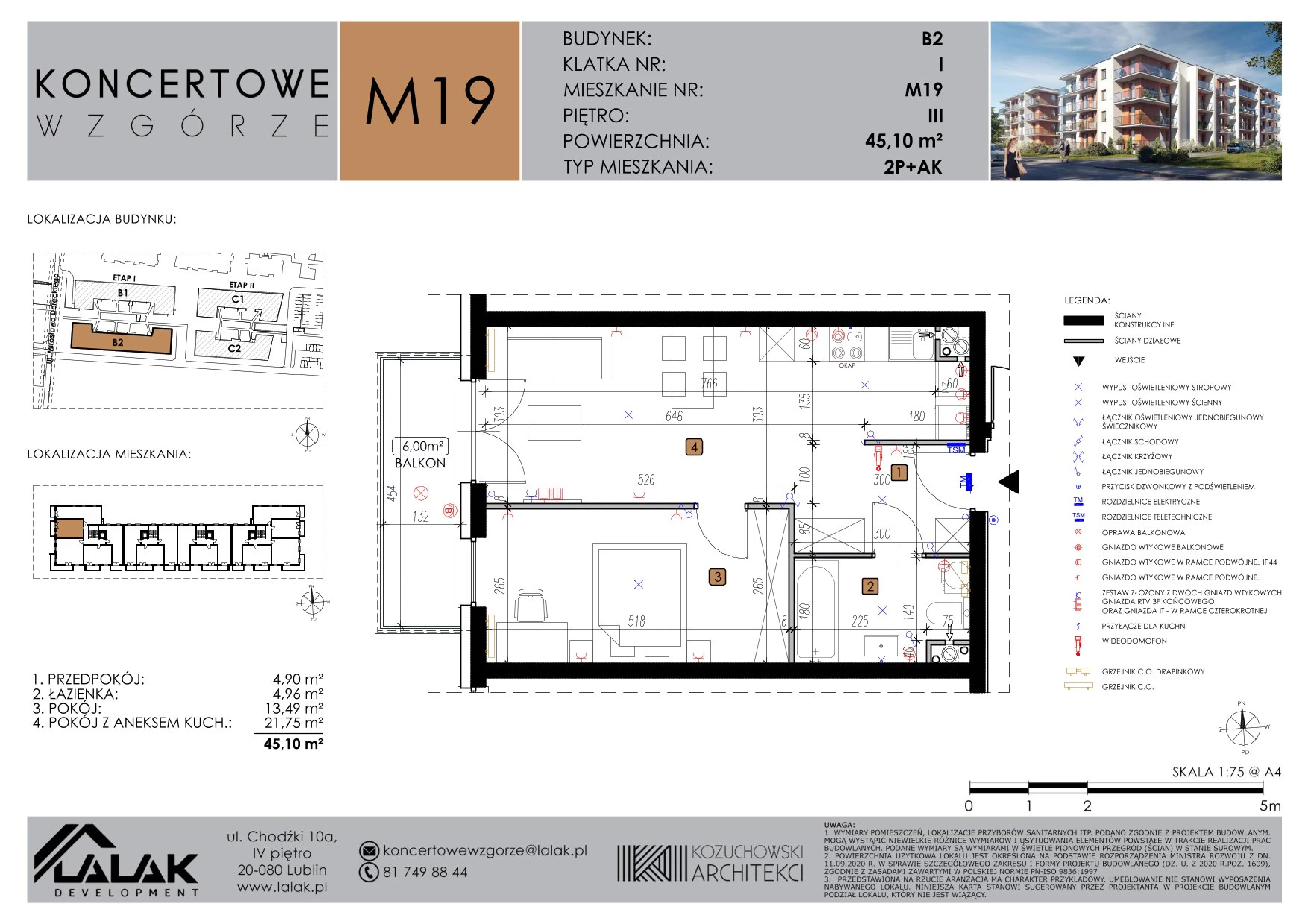 2 pokoje, mieszkanie 45,10 m², piętro 3, oferta nr B2-M19, Koncertowe Wzgórze, Lublin, Czechów Północny, ul. Koncertowa