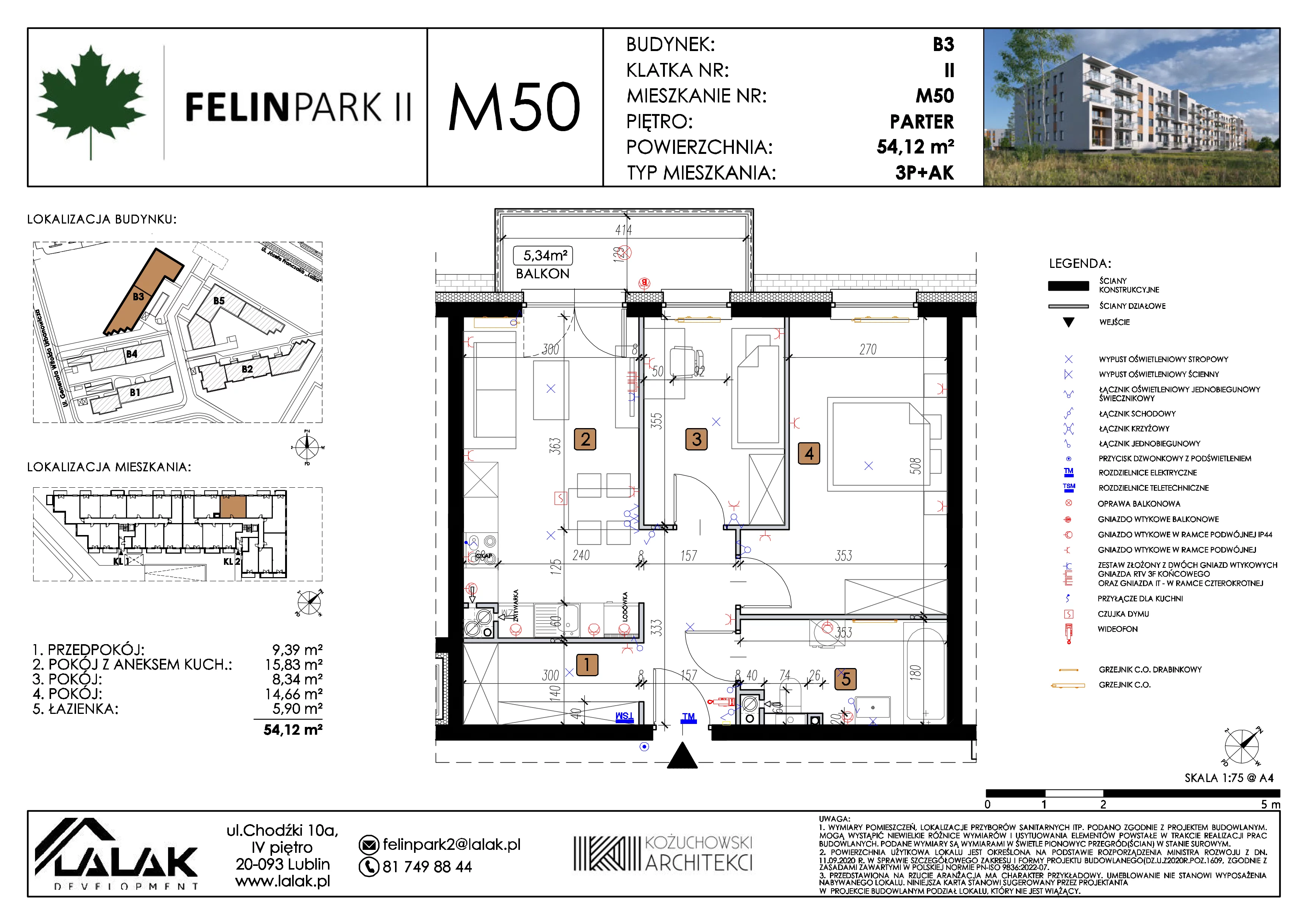 3 pokoje, mieszkanie 54,12 m², parter, oferta nr B3_M50/P, Felin Park II etap 2, Lublin, Felin, ul. gen. Stanisława Skalskiego 8-10