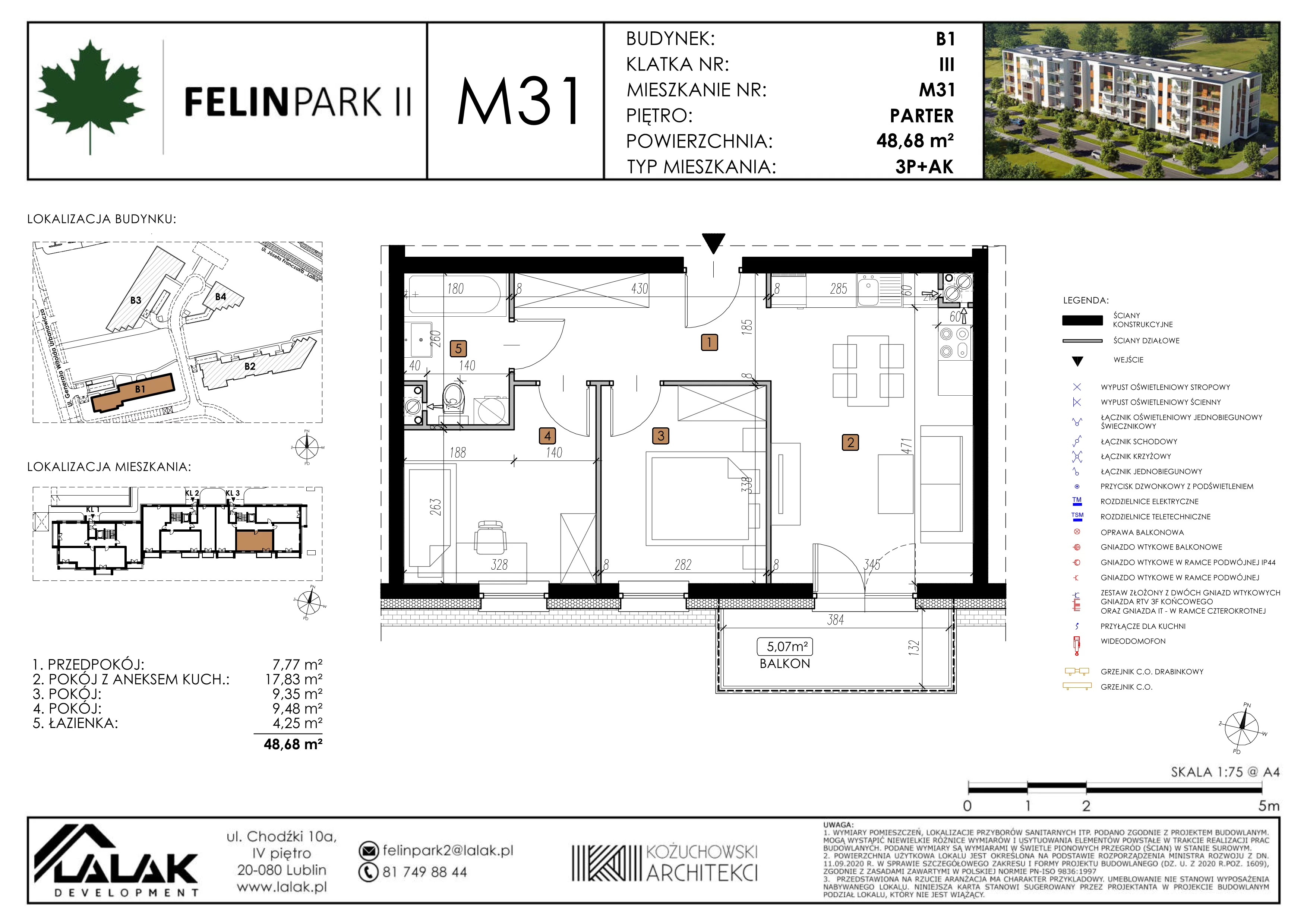 3 pokoje, mieszkanie 48,55 m², parter, oferta nr B1-M31, Felin Park II, Lublin, Felin, ul. gen. Stanisława Skalskiego 8-10