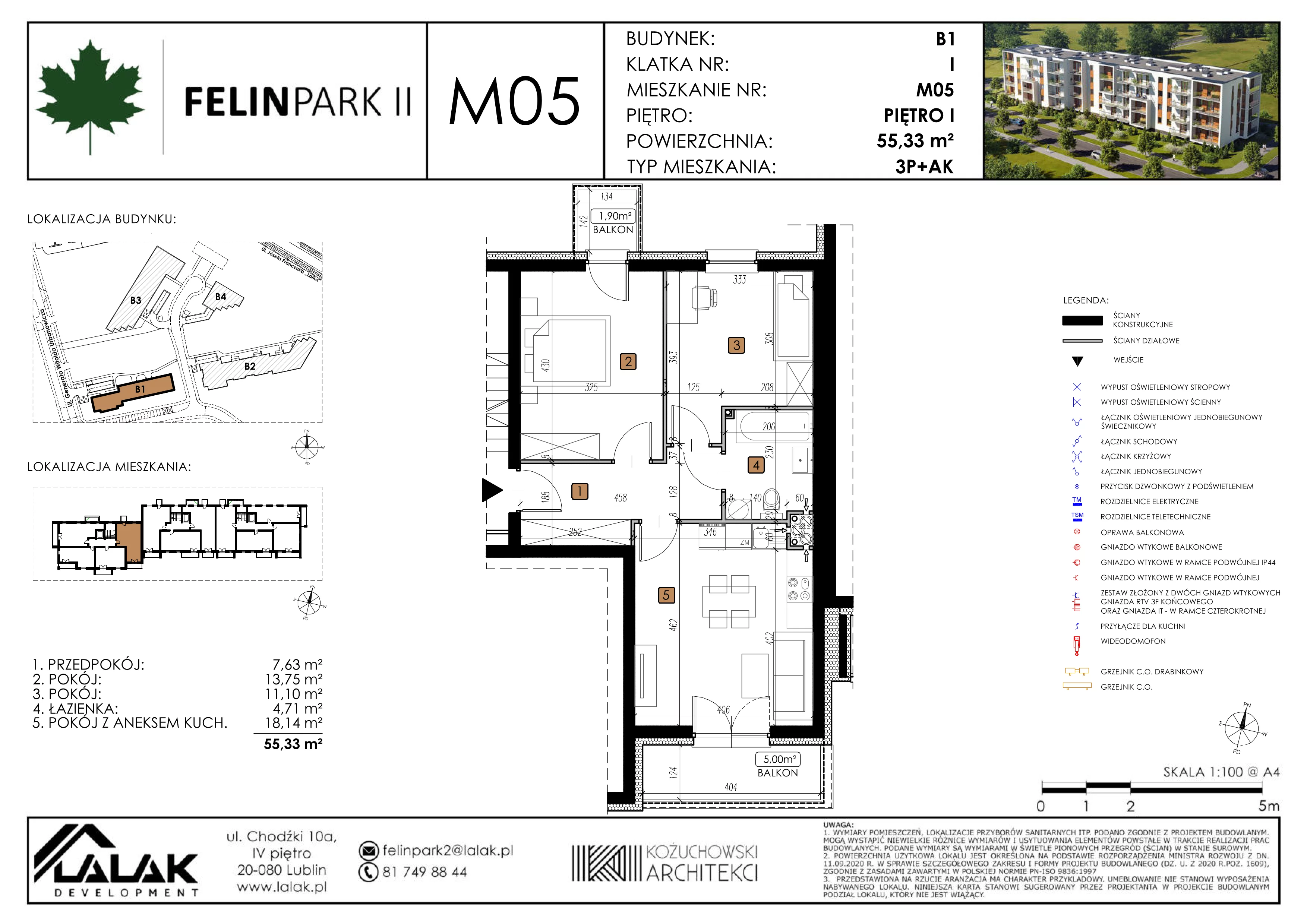 3 pokoje, mieszkanie 55,33 m², piętro 1, oferta nr B1-M05, Felin Park II, Lublin, Felin, ul. gen. Stanisława Skalskiego 8-10
