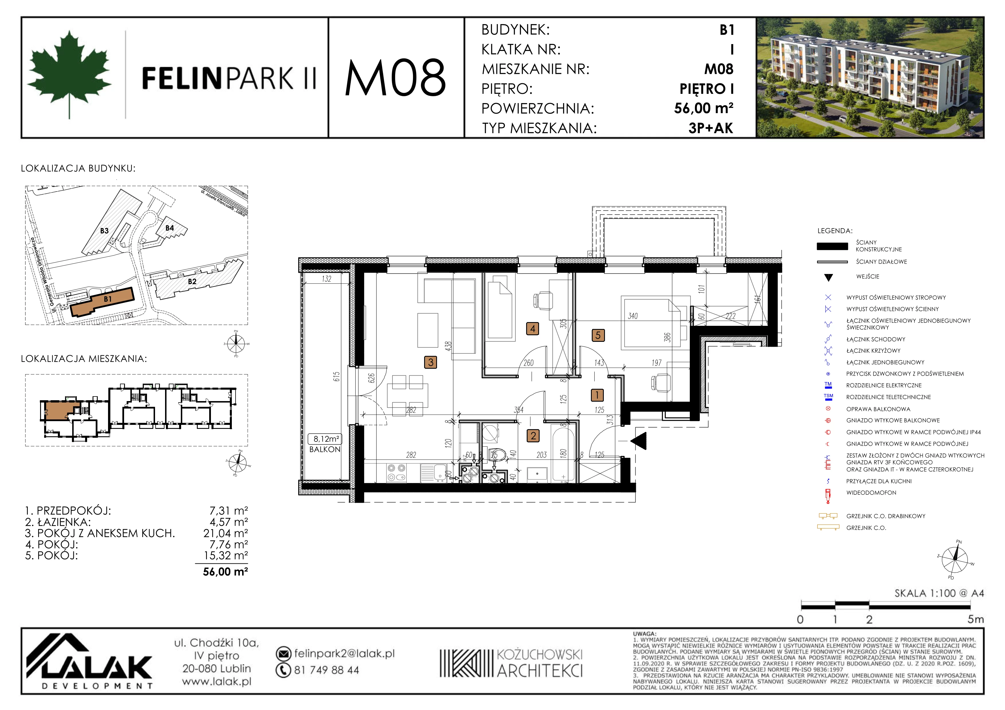 3 pokoje, mieszkanie 56,00 m², piętro 1, oferta nr B1-M08, Felin Park II, Lublin, Felin, ul. gen. Stanisława Skalskiego 8-10