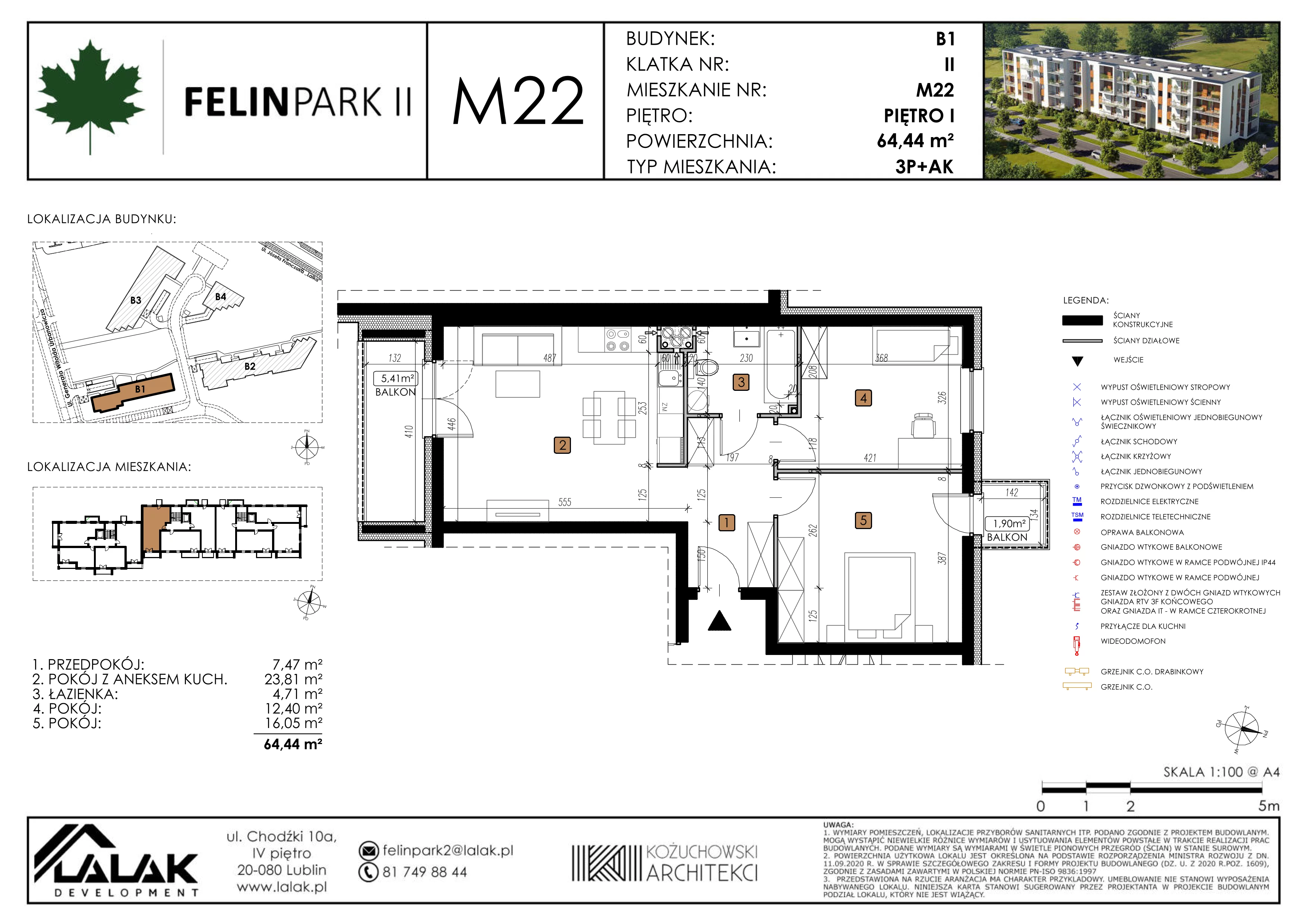 3 pokoje, mieszkanie 64,41 m², piętro 1, oferta nr B1-M22, Felin Park II, Lublin, Felin, ul. gen. Stanisława Skalskiego 8-10