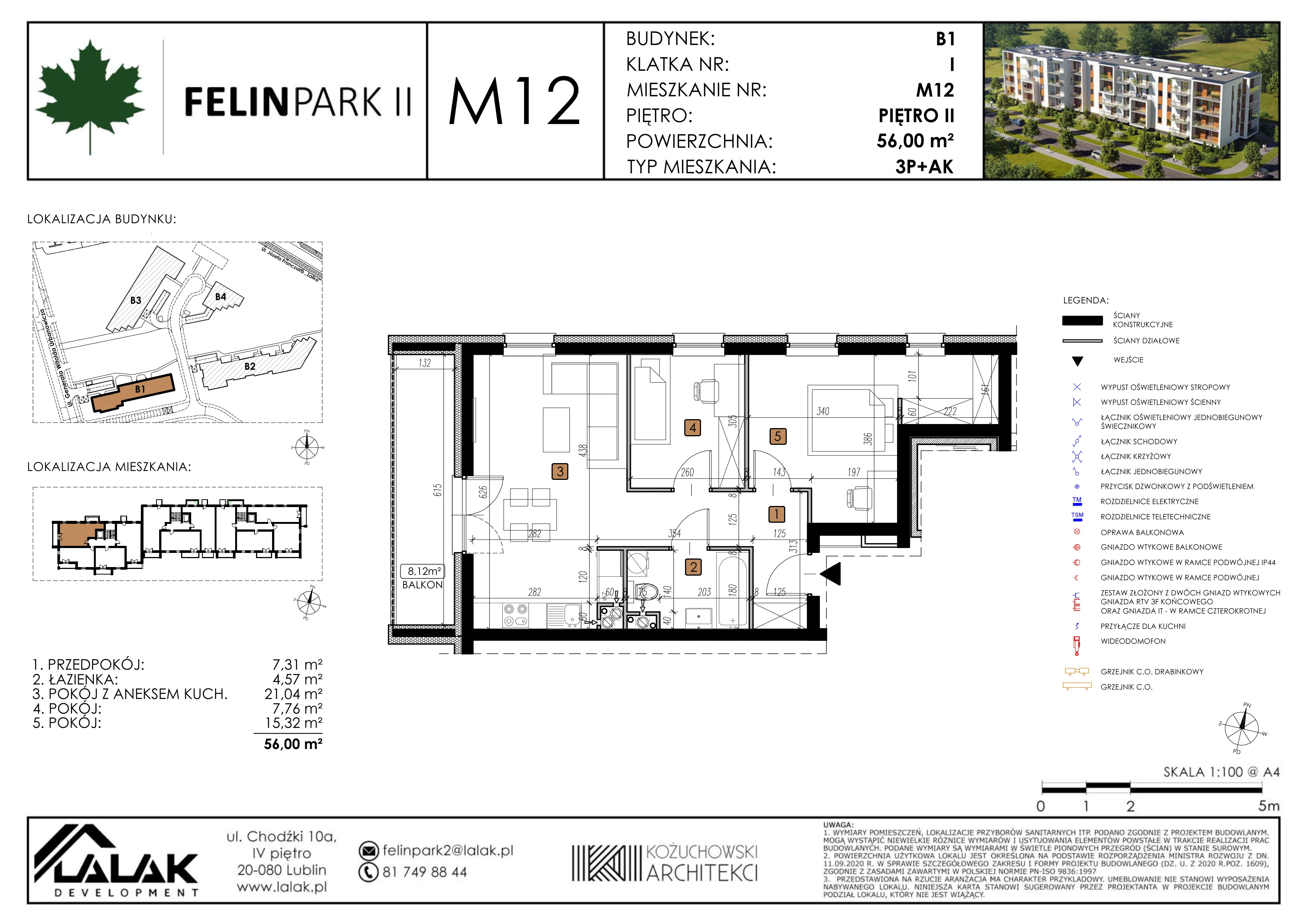 3 pokoje, mieszkanie 56,00 m², piętro 2, oferta nr B1-M12, Felin Park II, Lublin, Felin, ul. gen. Stanisława Skalskiego 8-10
