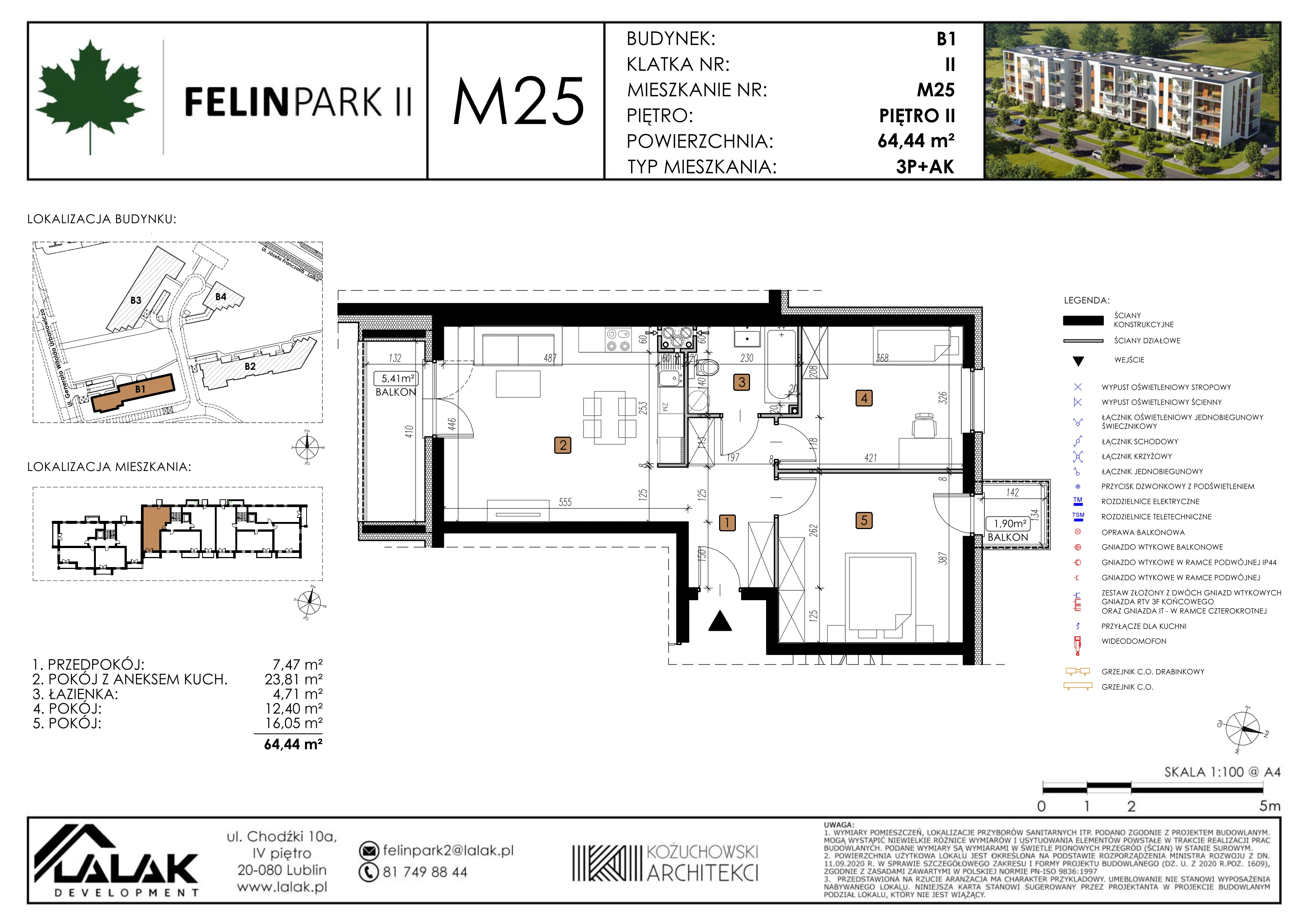 3 pokoje, mieszkanie 64,41 m², piętro 2, oferta nr B1-M25, Felin Park II, Lublin, Felin, ul. gen. Stanisława Skalskiego 8-10