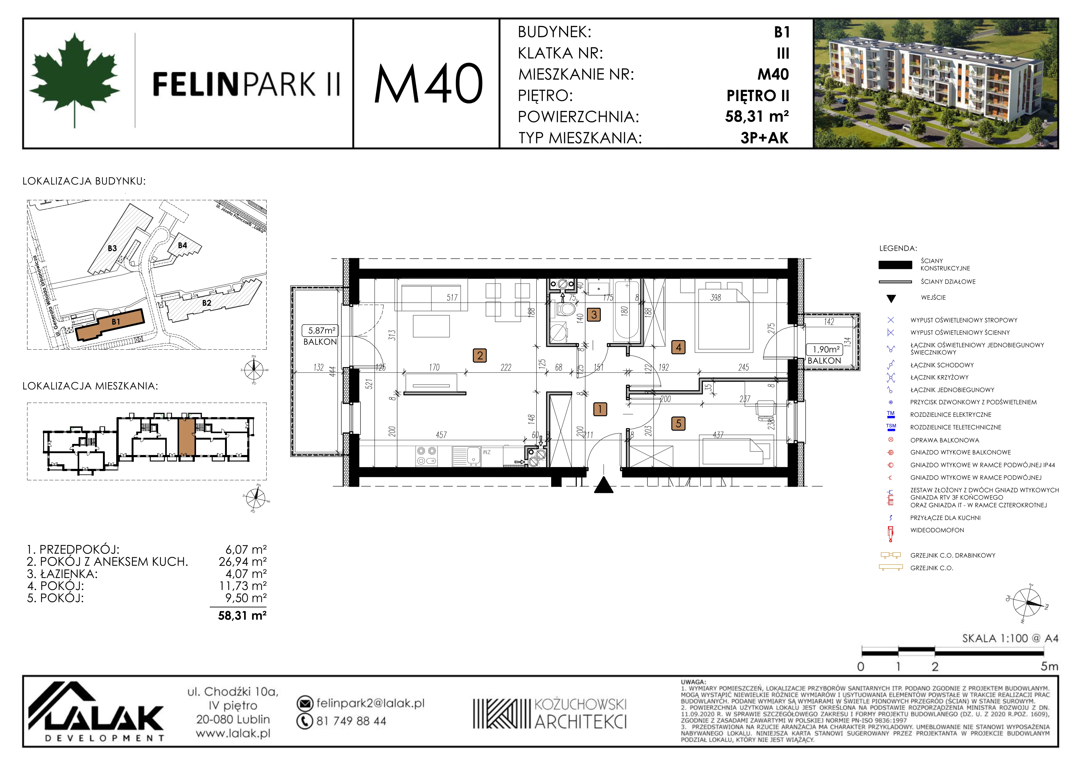 3 pokoje, mieszkanie 58,31 m², piętro 2, oferta nr B1-M40, Felin Park II, Lublin, Felin, ul. gen. Stanisława Skalskiego 8-10