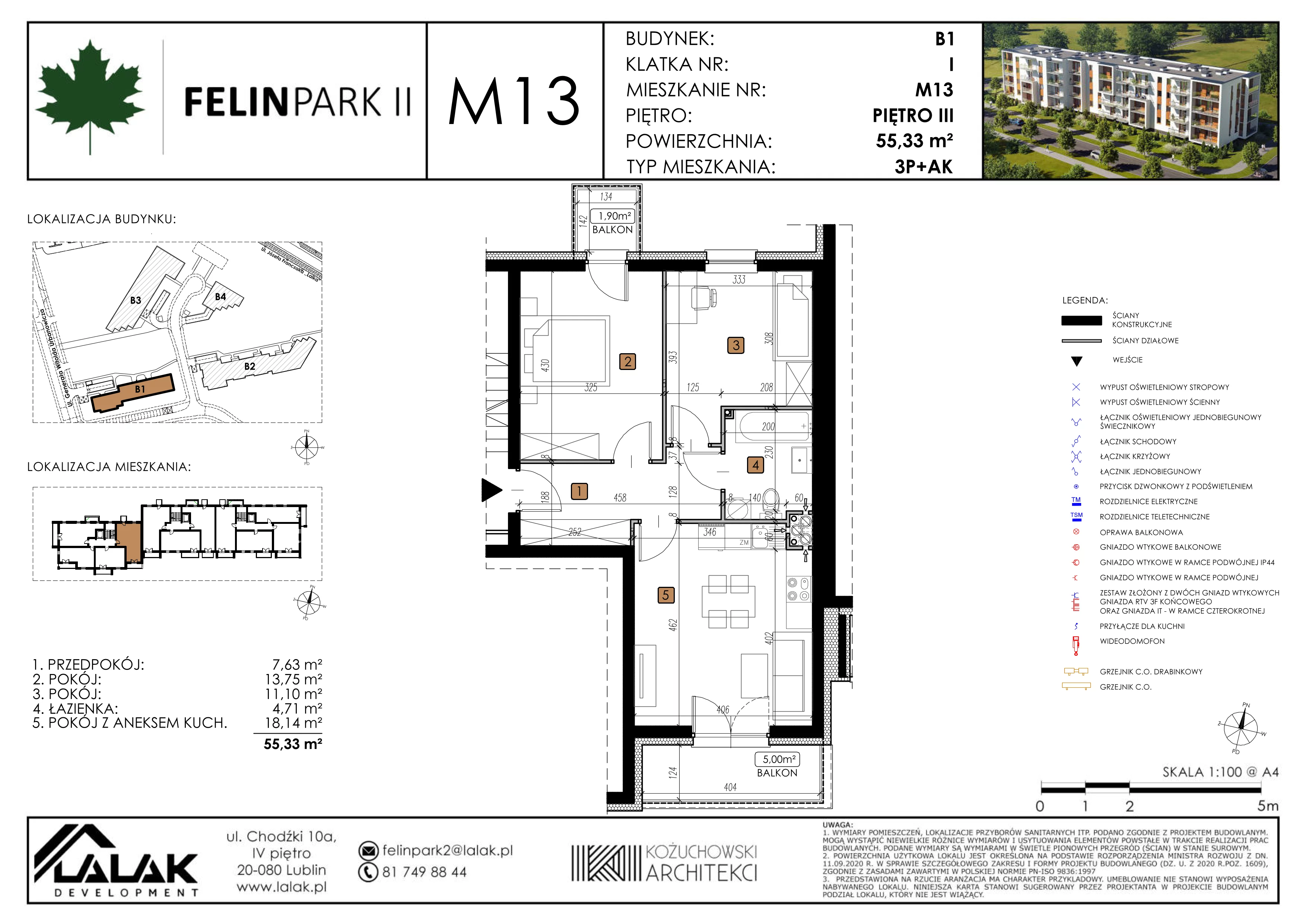 3 pokoje, mieszkanie 55,33 m², piętro 3, oferta nr B1-M13, Felin Park II, Lublin, Felin, ul. gen. Stanisława Skalskiego 8-10