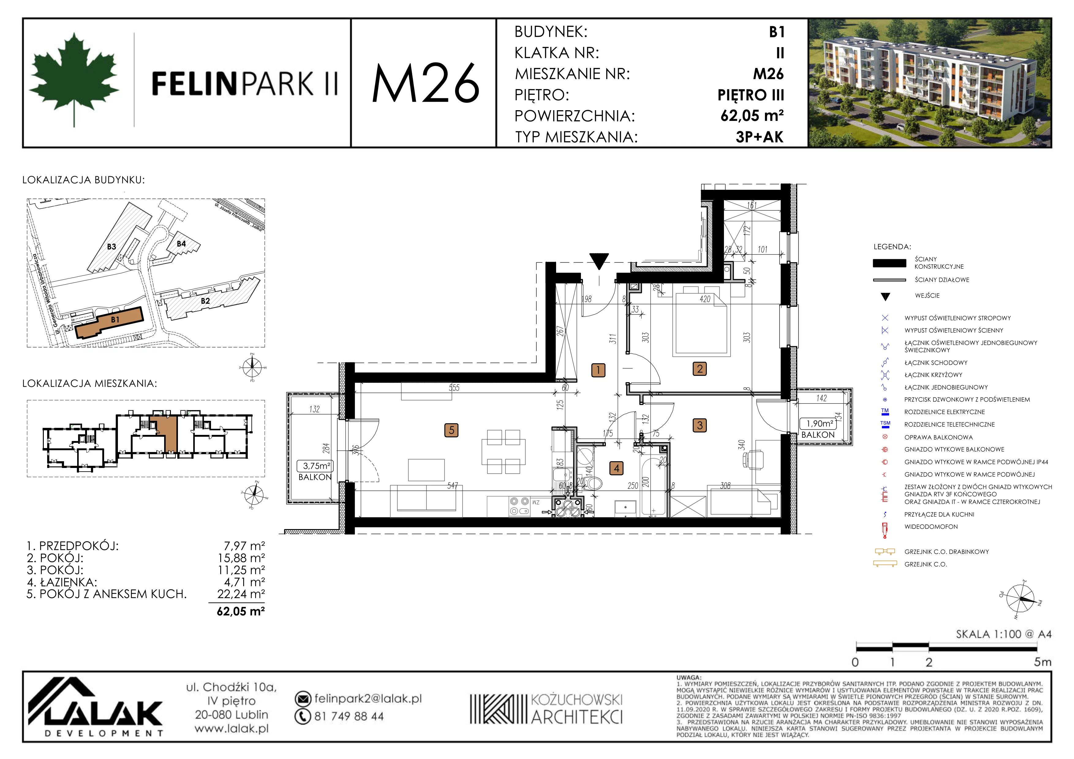 3 pokoje, mieszkanie 62,14 m², piętro 3, oferta nr B1-M26, Felin Park II, Lublin, Felin, ul. gen. Stanisława Skalskiego 8-10