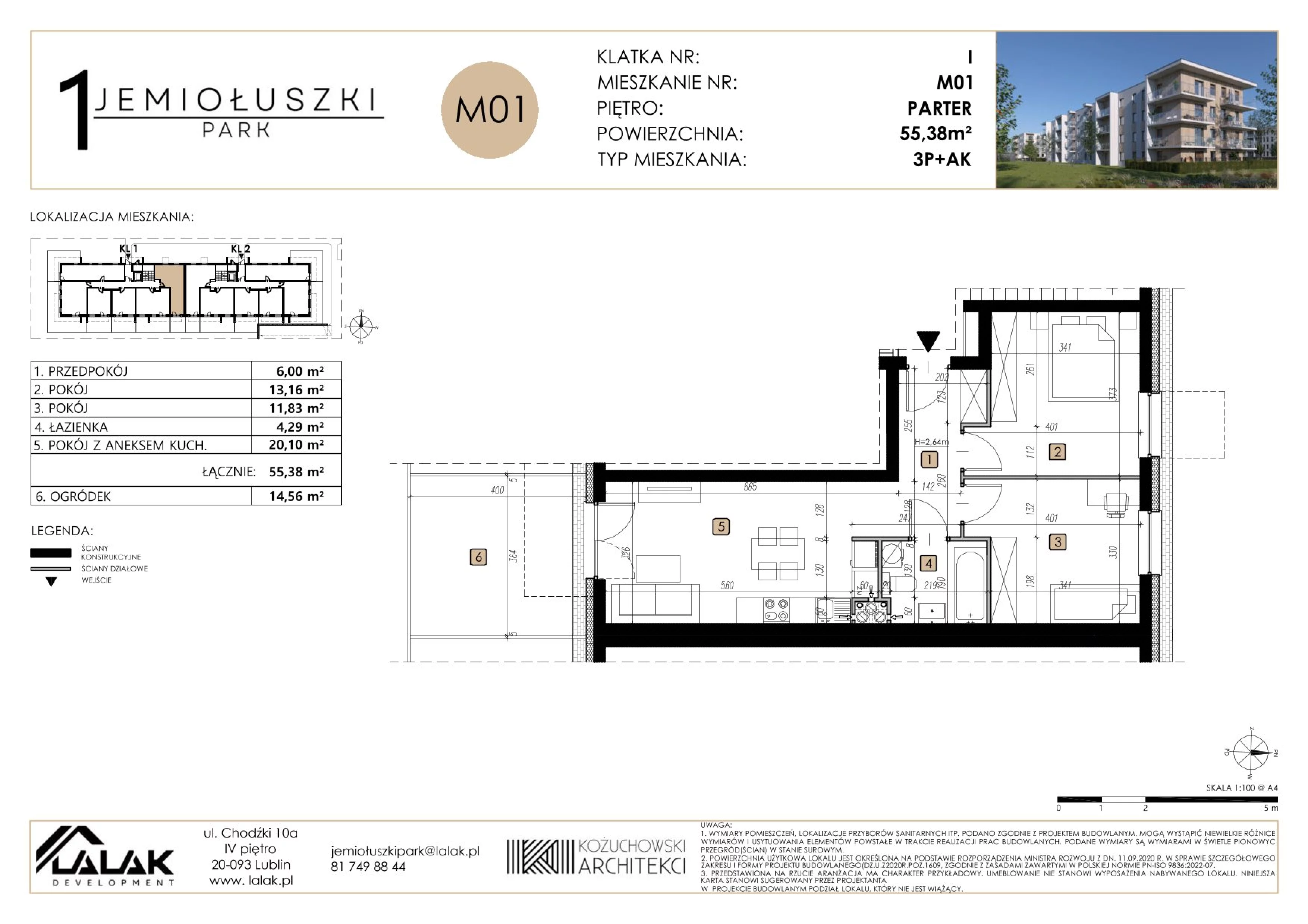 3 pokoje, mieszkanie 55,38 m², parter, oferta nr M01, Jemiołuszki Park, Lublin, Węglin Południowy, ul. Jemiołuszki