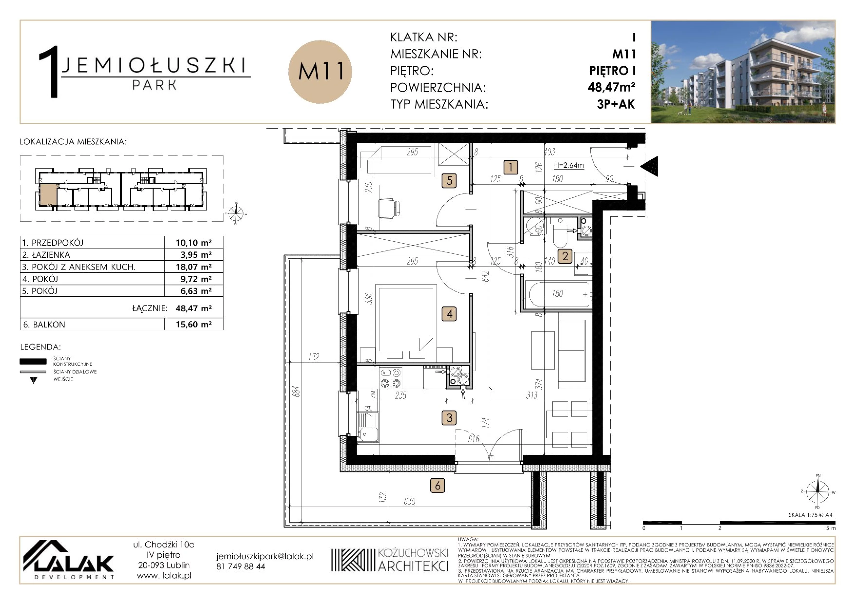 3 pokoje, mieszkanie 48,47 m², piętro 1, oferta nr M11, Jemiołuszki Park, Lublin, Węglin Południowy, ul. Jemiołuszki