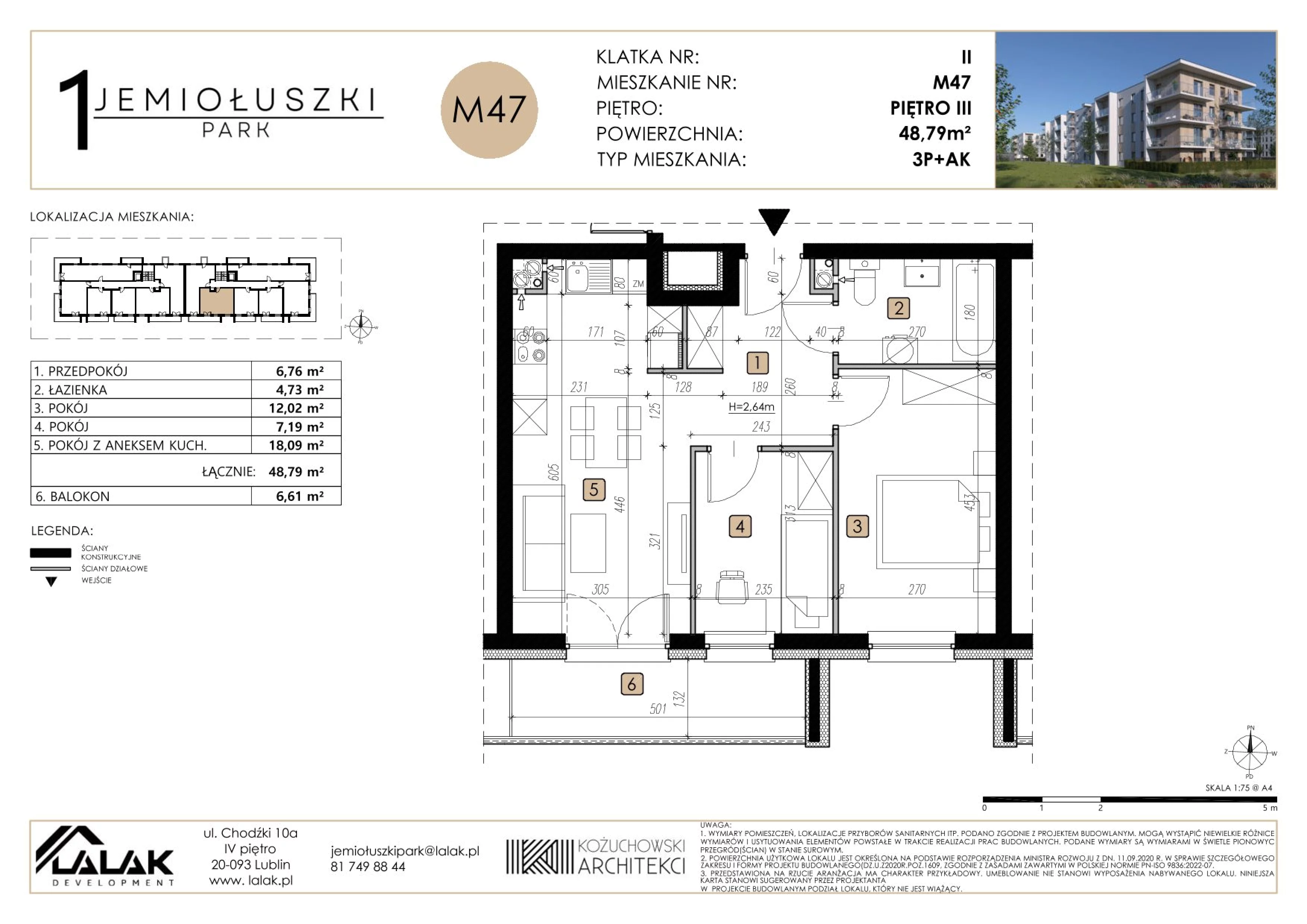 3 pokoje, mieszkanie 48,79 m², piętro 3, oferta nr M47, Jemiołuszki Park, Lublin, Węglin Południowy, ul. Jemiołuszki