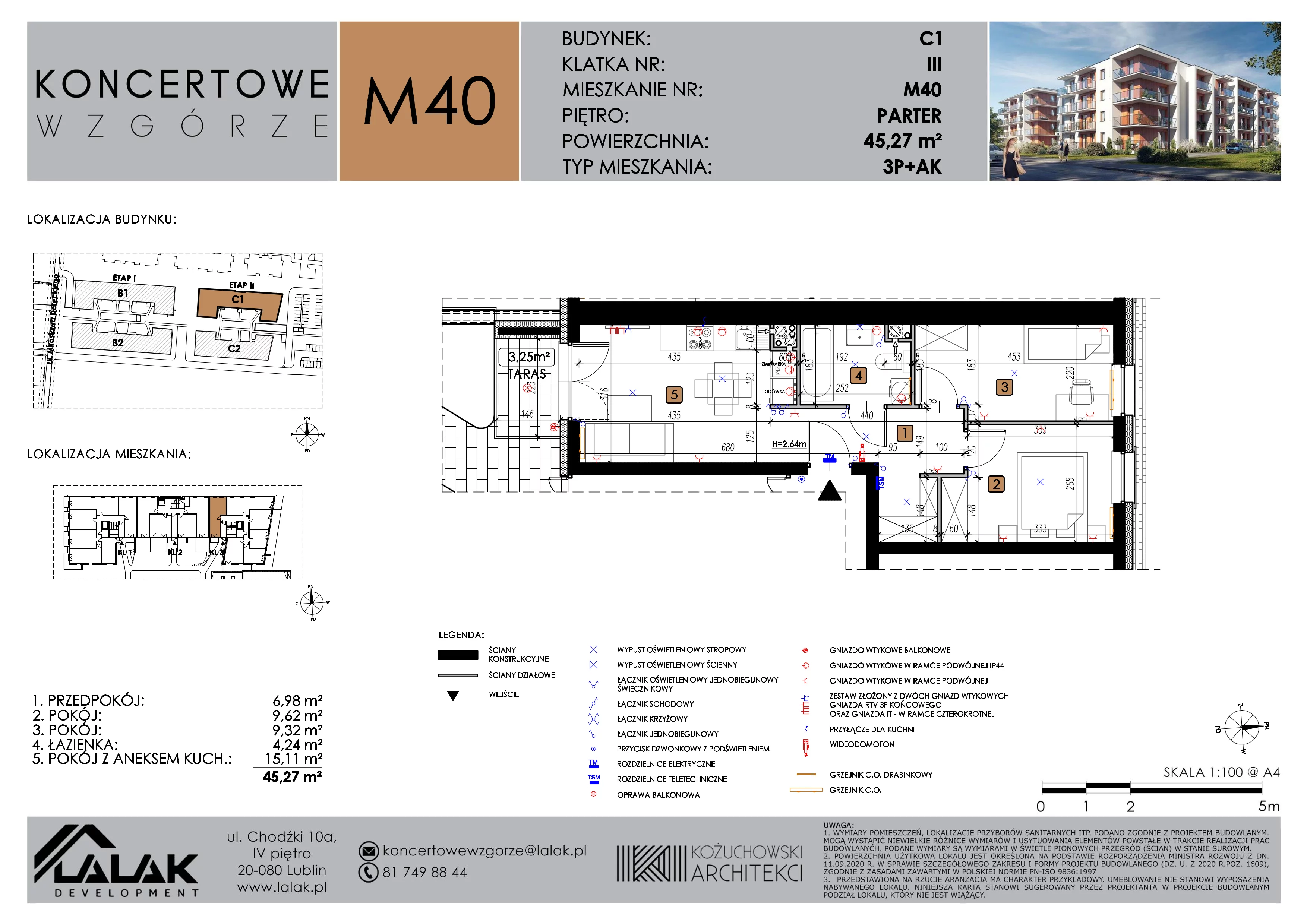 3 pokoje, mieszkanie 45,27 m², parter, oferta nr C1_M40/P, Koncertowe Wzgórze etap 2, Lublin, Czechów Północny, ul. Koncertowa