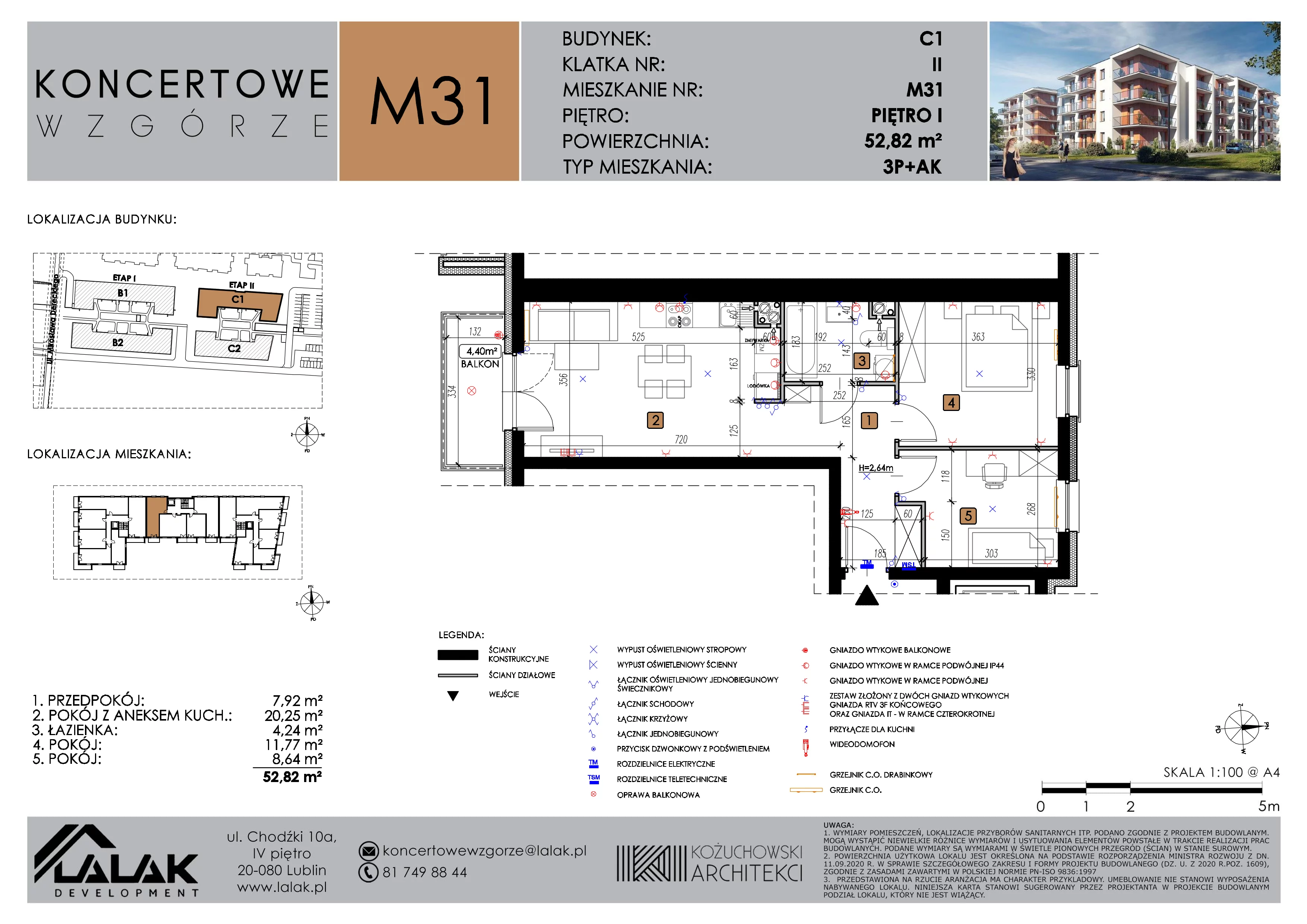 3 pokoje, mieszkanie 52,82 m², piętro 1, oferta nr C1_M31/I, Koncertowe Wzgórze etap 2, Lublin, Czechów Północny, ul. Koncertowa