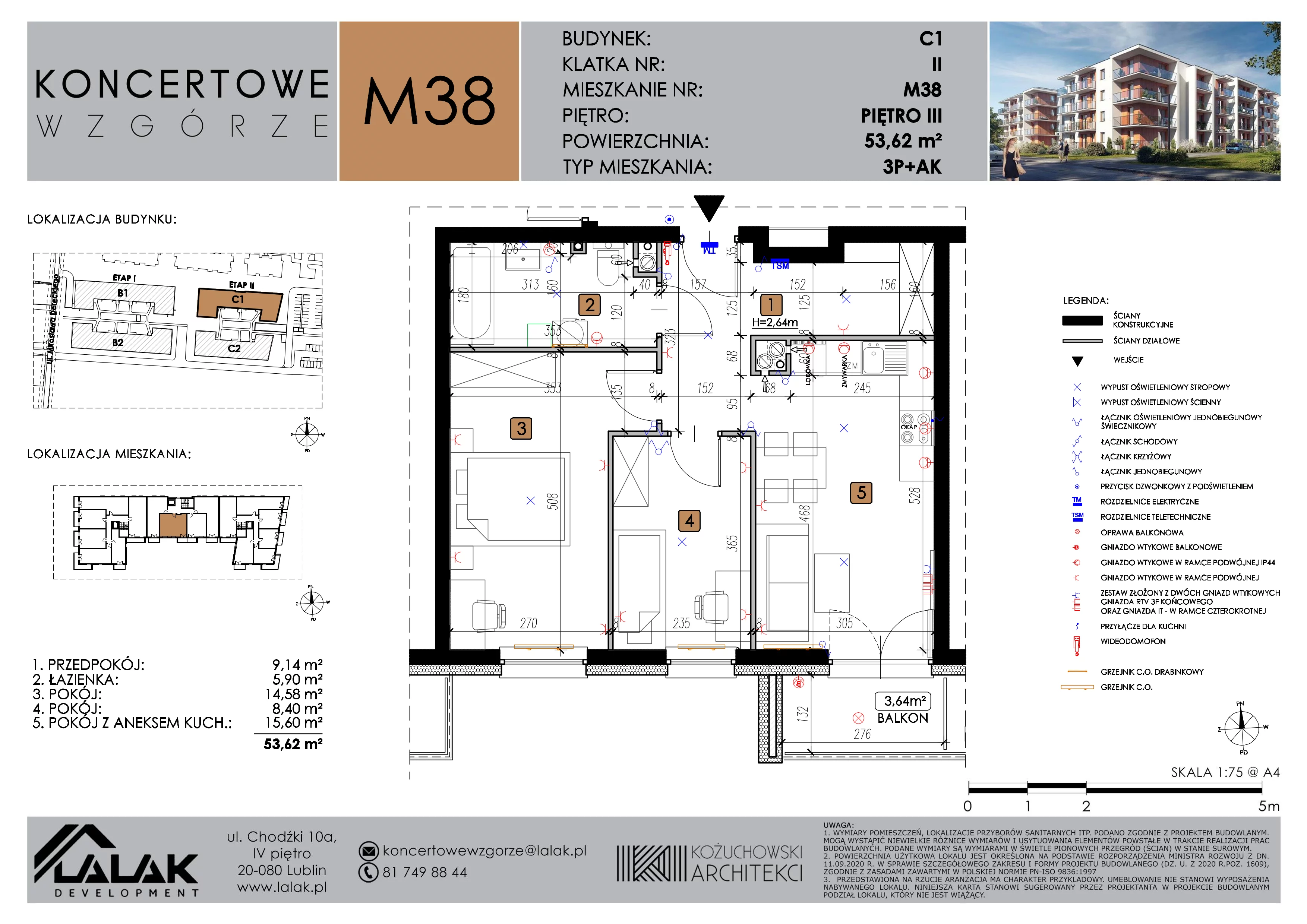 3 pokoje, mieszkanie 53,62 m², piętro 3, oferta nr C1_M38/III, Koncertowe Wzgórze etap 2, Lublin, Czechów Północny, ul. Koncertowa