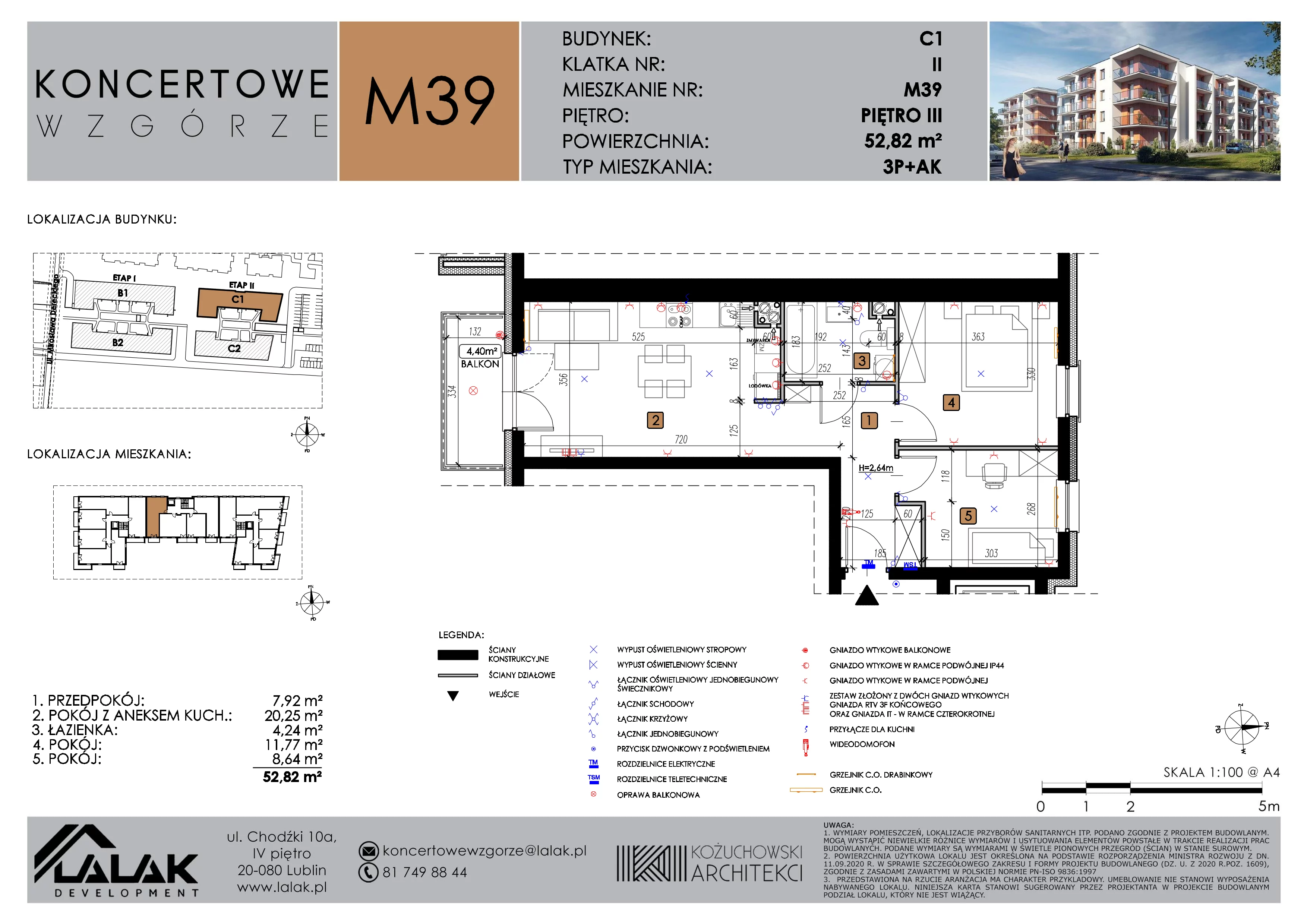 3 pokoje, mieszkanie 52,82 m², piętro 3, oferta nr C1_M39/III, Koncertowe Wzgórze etap 2, Lublin, Czechów Północny, ul. Koncertowa