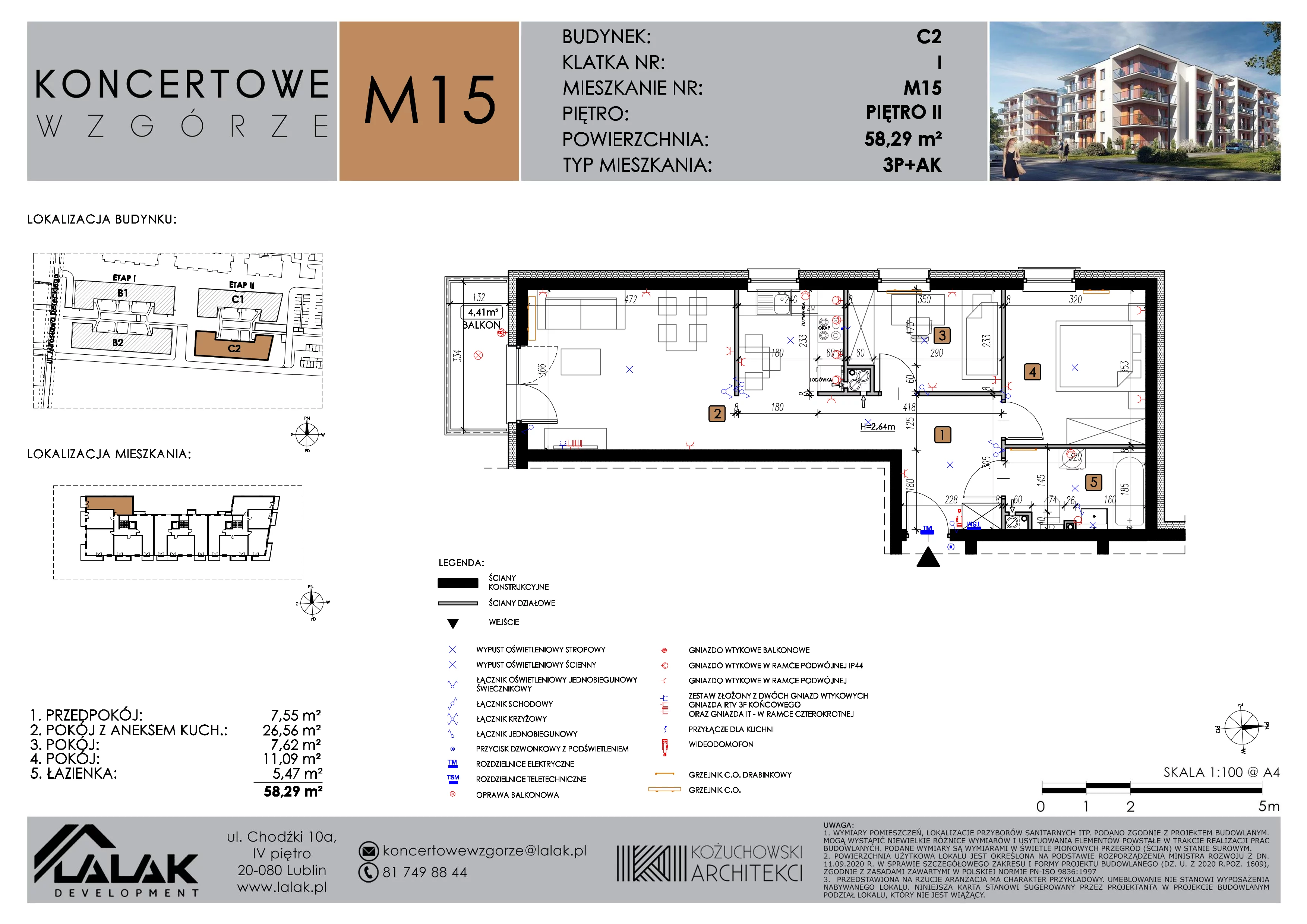 3 pokoje, mieszkanie 58,29 m², piętro 2, oferta nr C2_M15/II, Koncertowe Wzgórze etap 2, Lublin, Czechów Północny, ul. Koncertowa