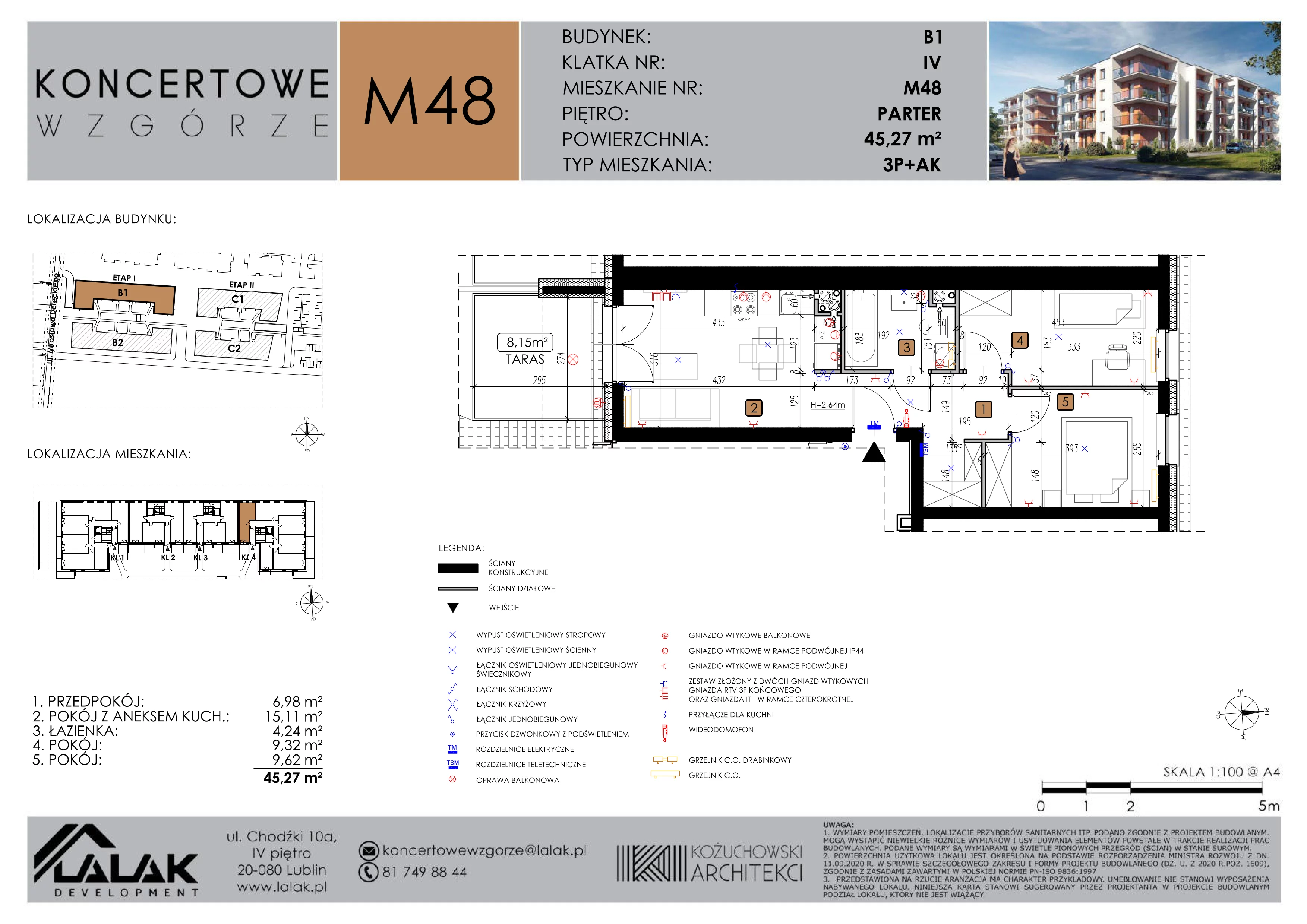 3 pokoje, mieszkanie 45,15 m², parter, oferta nr B1-M48, Koncertowe Wzgórze, Lublin, Czechów Północny, ul. Koncertowa
