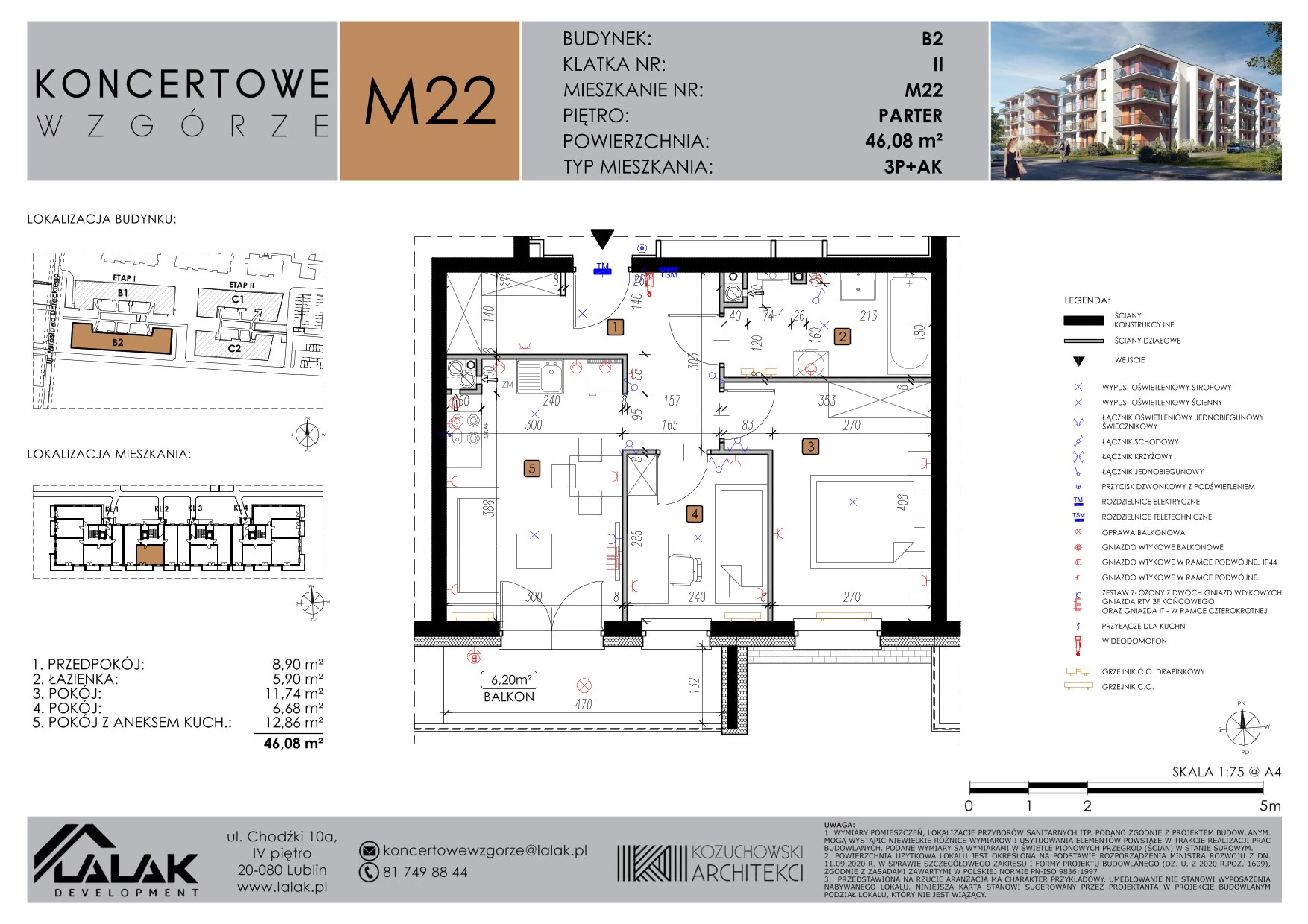 3 pokoje, mieszkanie 46,08 m², parter, oferta nr B2-M22, Koncertowe Wzgórze, Lublin, Czechów Północny, ul. Koncertowa