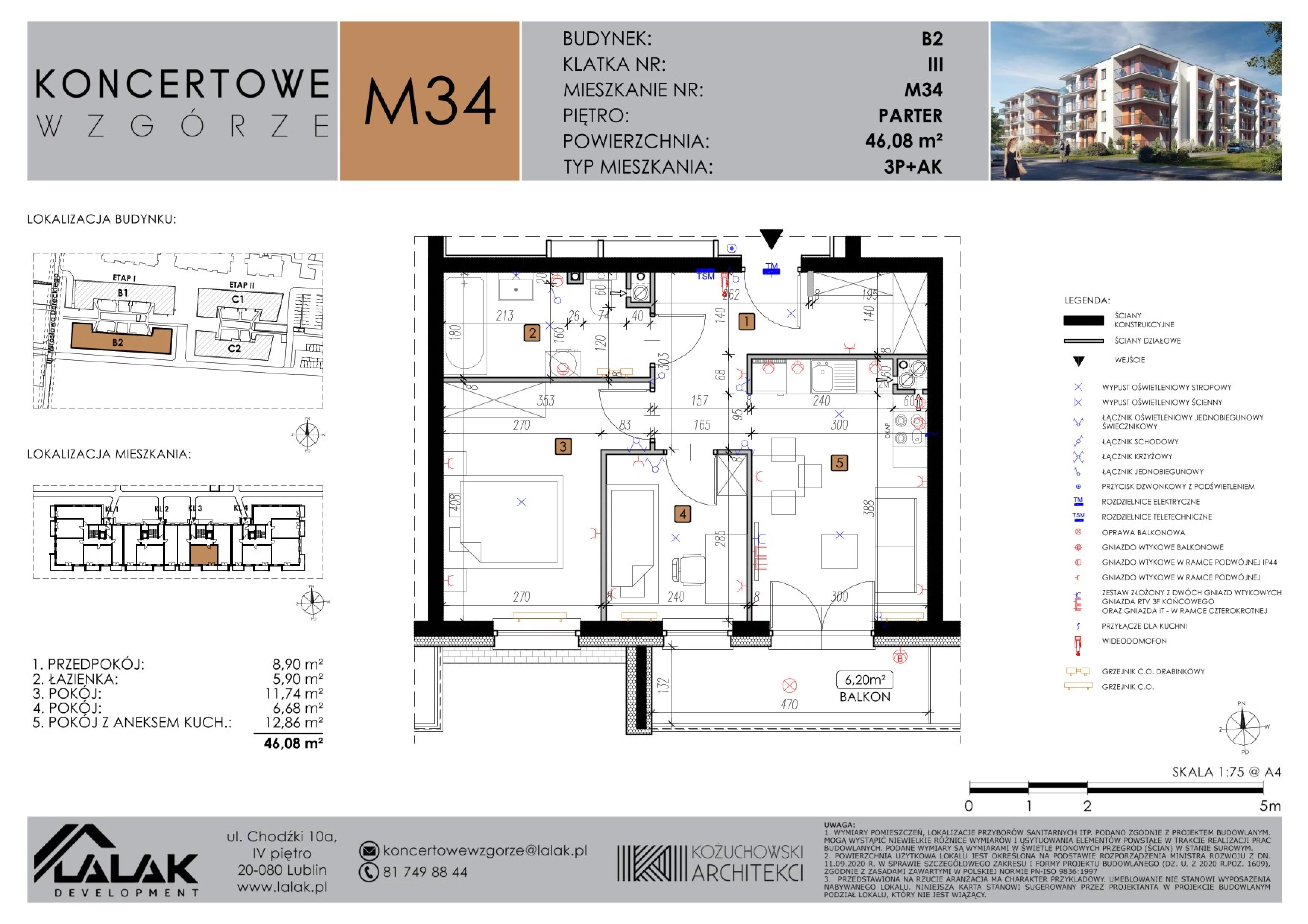3 pokoje, mieszkanie 46,08 m², parter, oferta nr B2-M34, Koncertowe Wzgórze, Lublin, Czechów Północny, ul. Koncertowa