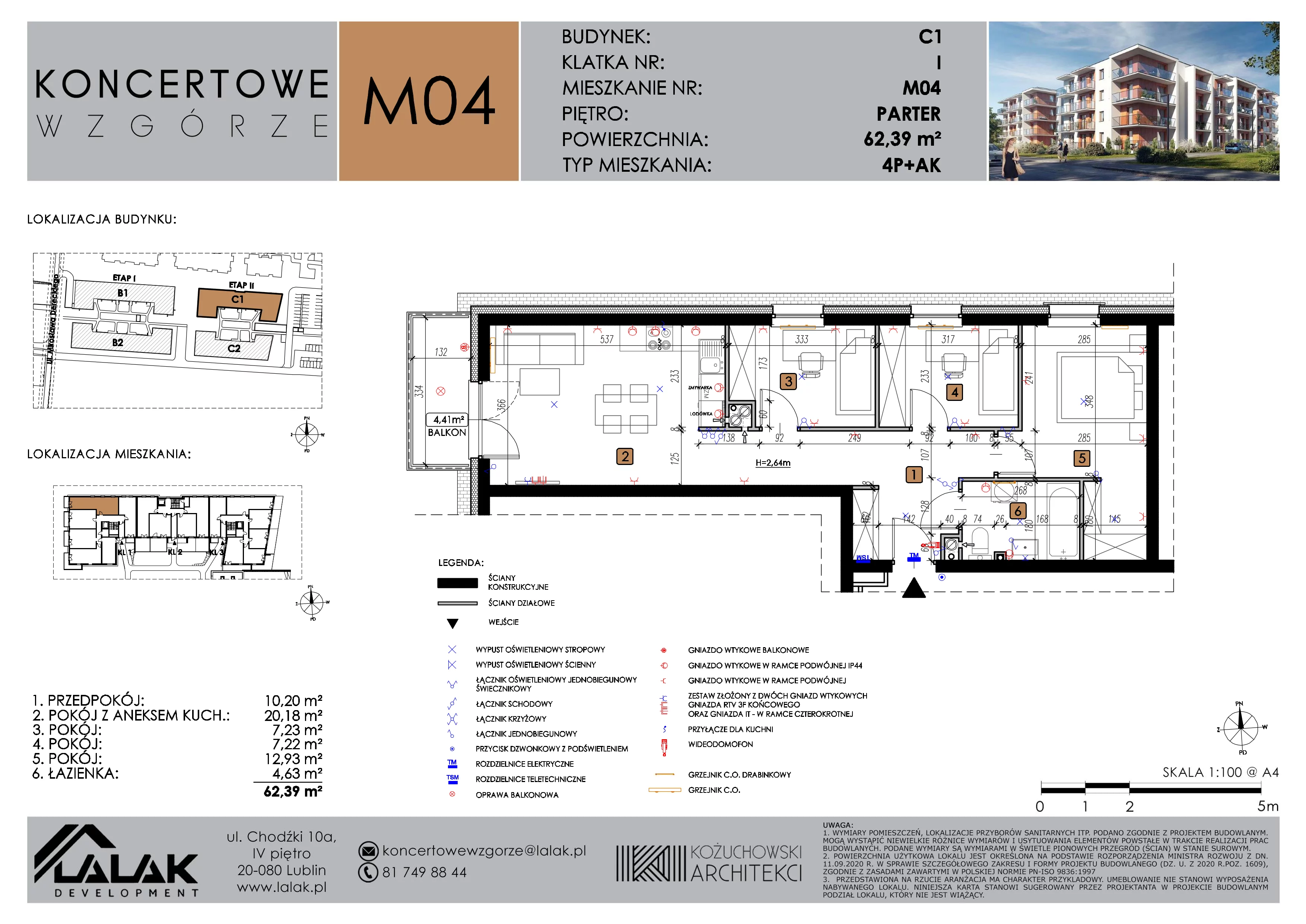 4 pokoje, mieszkanie 62,39 m², parter, oferta nr C1_M4/P, Koncertowe Wzgórze etap 2, Lublin, Czechów Północny, ul. Koncertowa